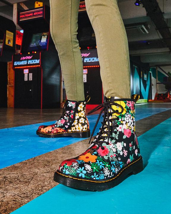 Youth 1460 Floral Mash Up Leather Lace Up Boots in Black | Dr. Martens