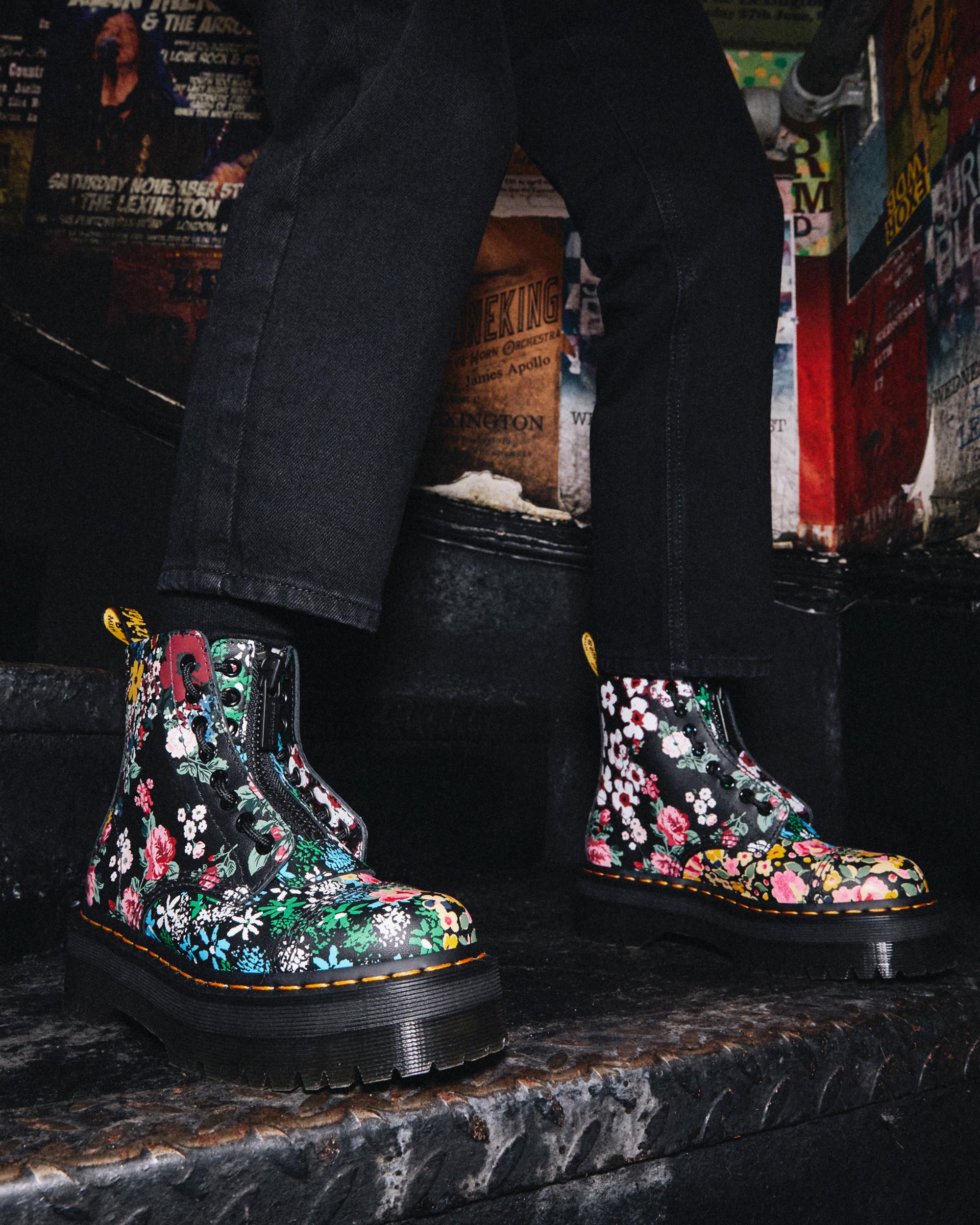 Sinclair Floral Mash Up Leather Platform Boots in BLACK | Dr. Martens™