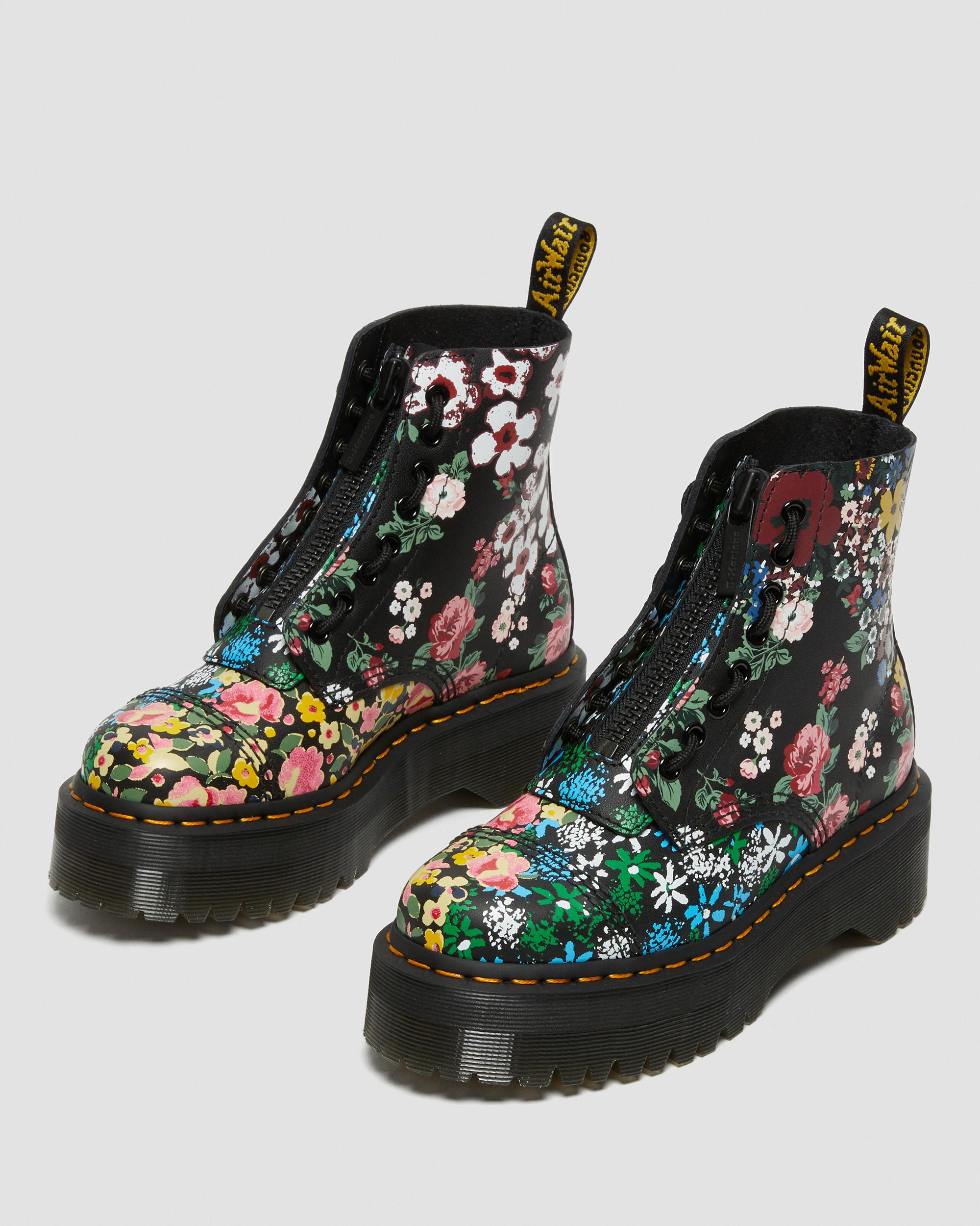 Sinclair Floral Mash Up Leather Dr. Martens | Platform Black Boots in