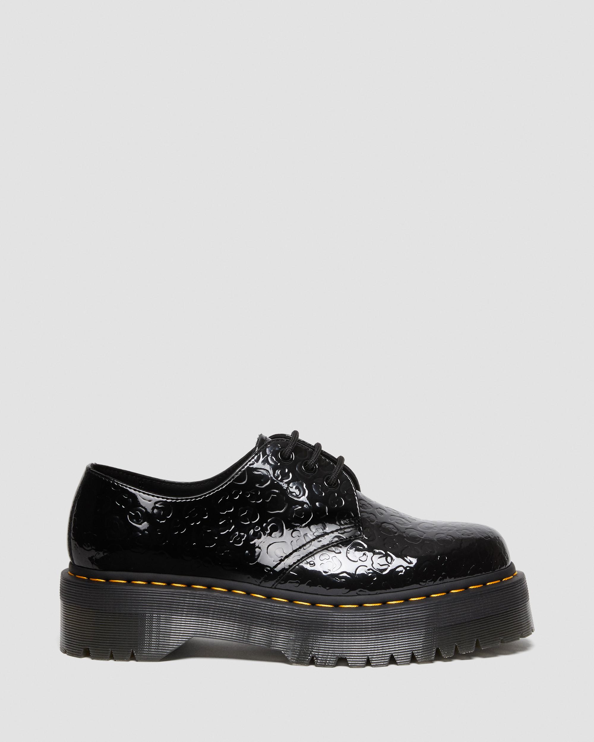 1461 Quad Leopard Emboss Patent Platform Shoes in Black | Dr. Martens