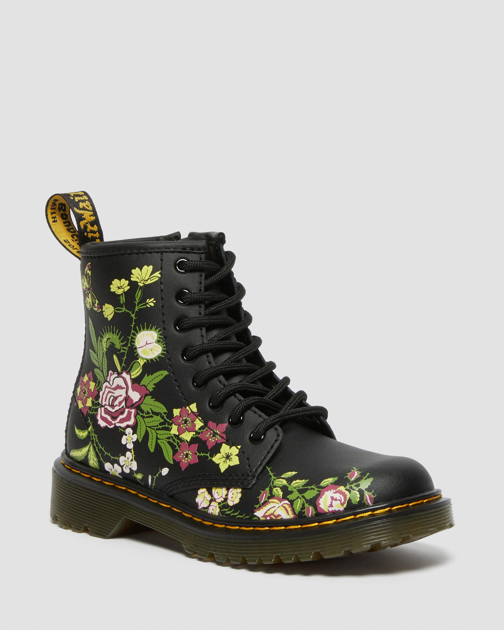 Junior 1460 Floral Leather Lace Up Boots in BLACK | Dr. Martens™