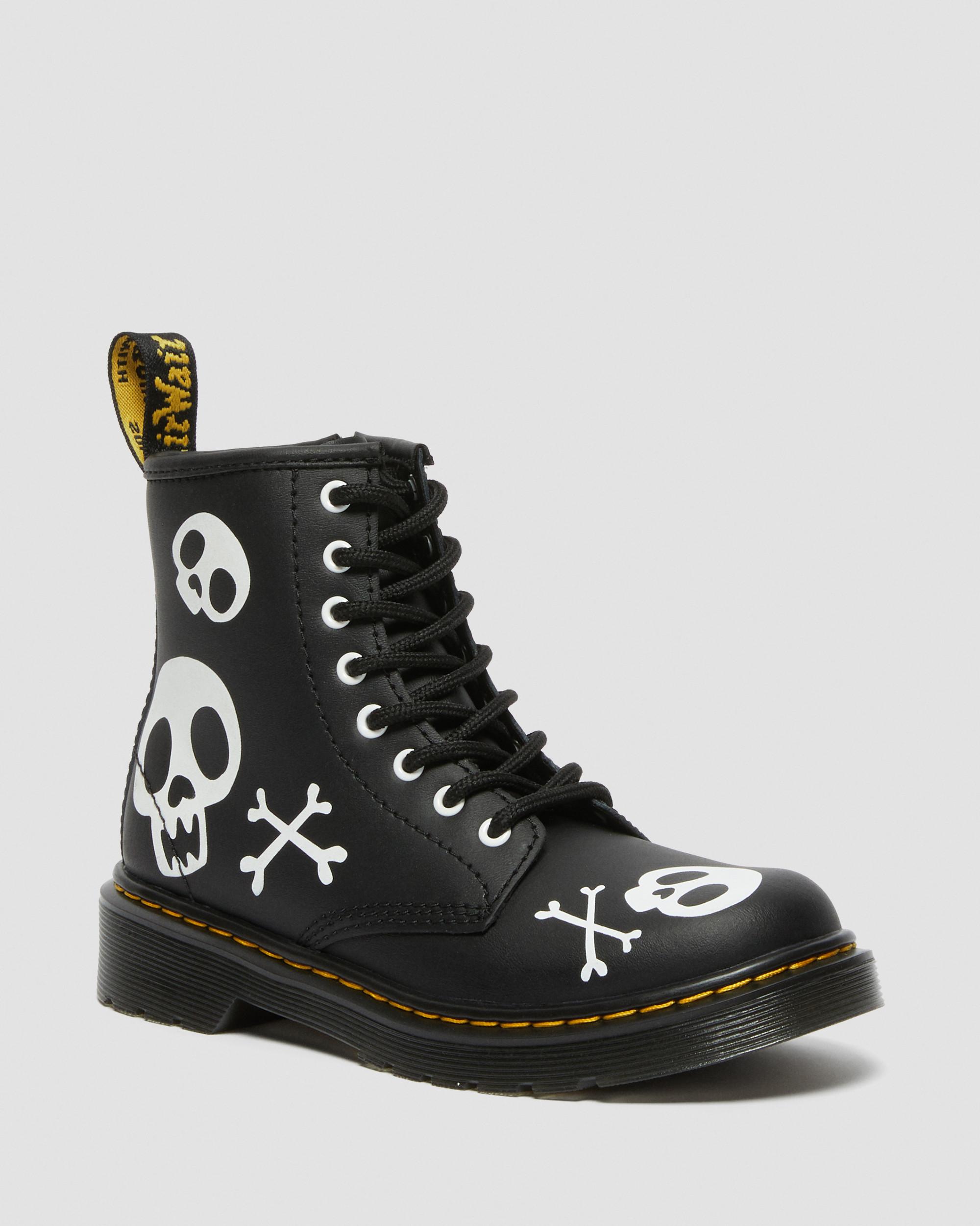 Junior 1460 Skull & Bones Leather Lace Up Boots in Black | Dr. Martens