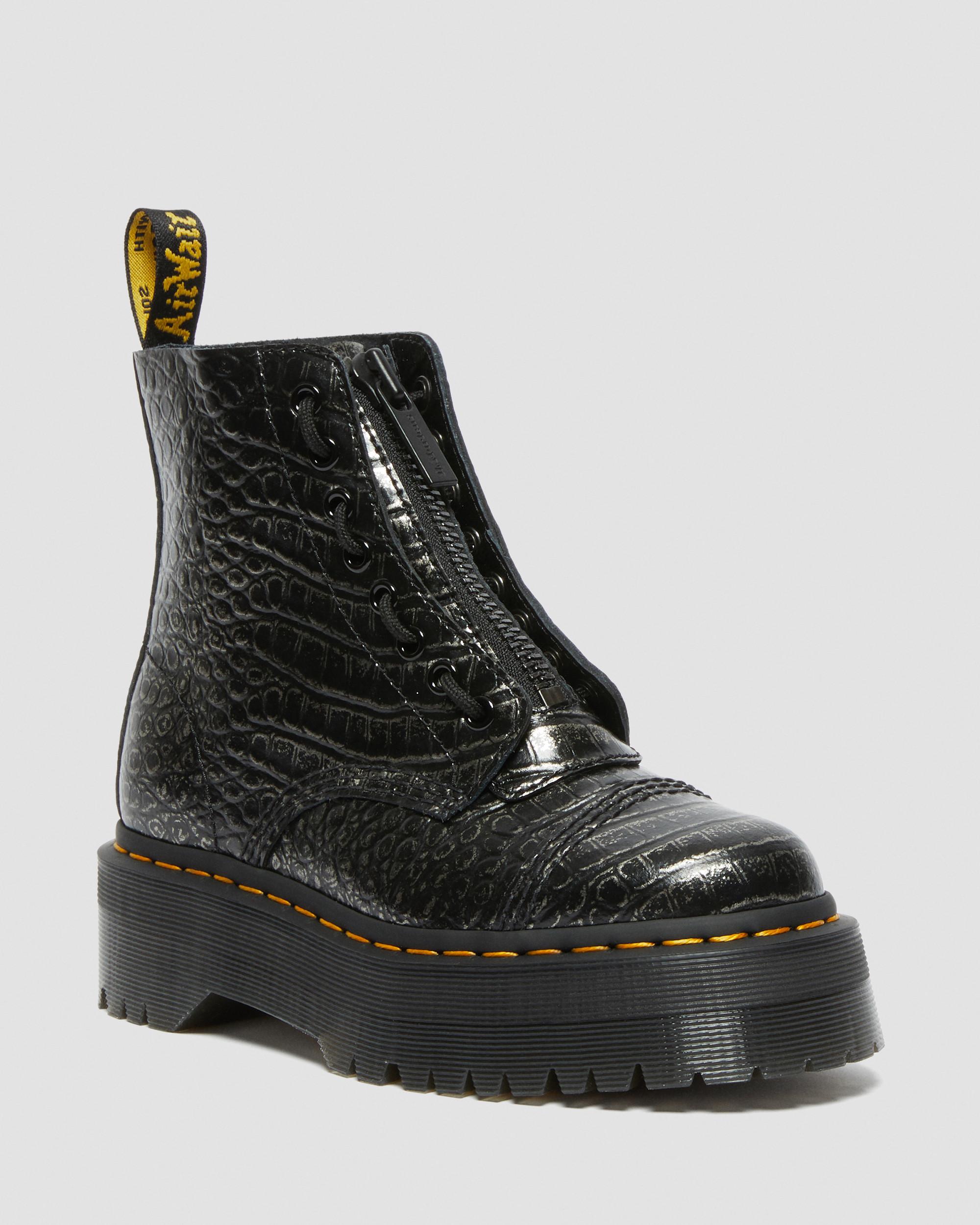 Sinclair Croc Emboss Leather Platform Boots in GUNMETAL | Dr. Martens™