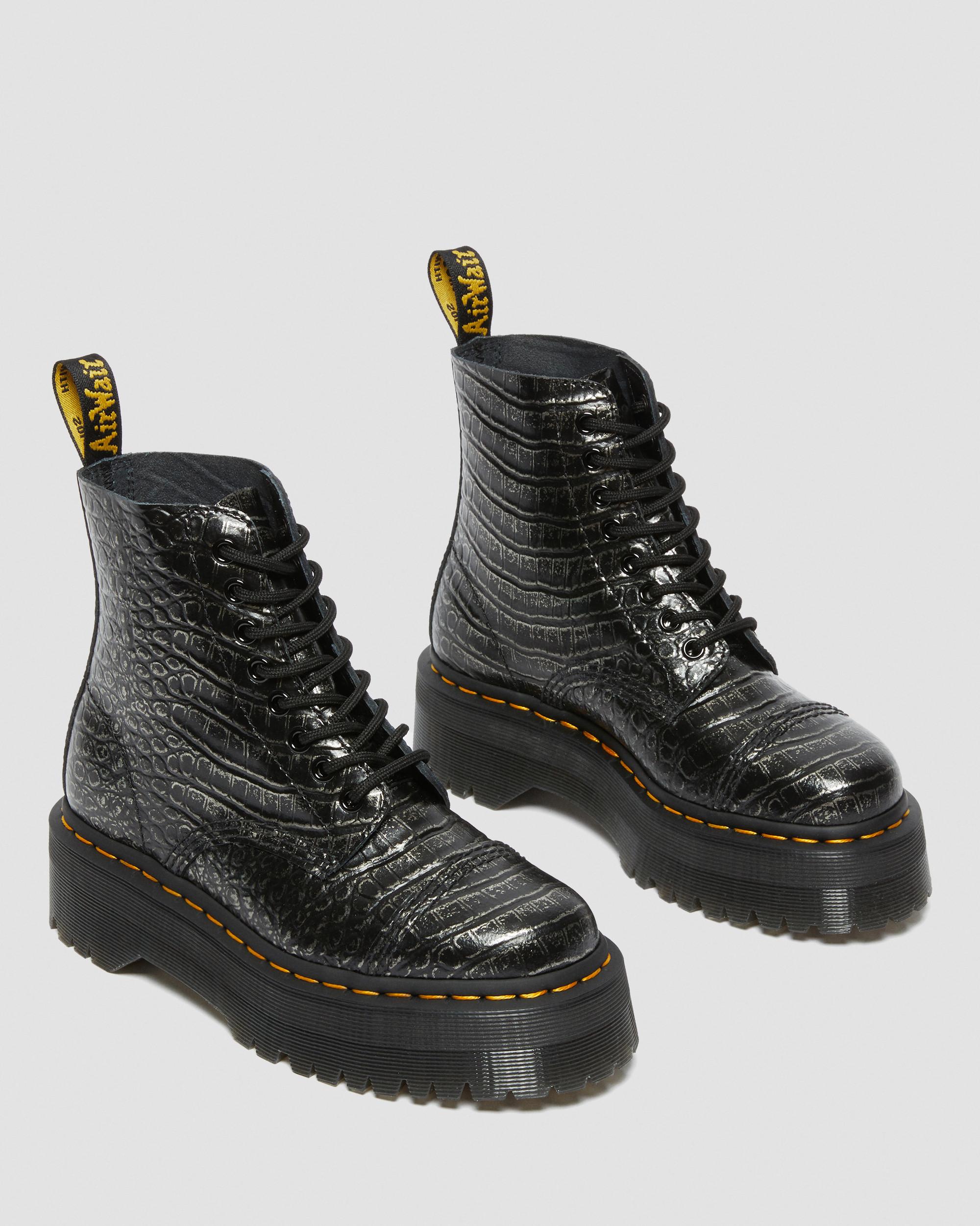 Sinclair Croc Emboss Leather Platform Boots in GUNMETAL | Dr. Martens™
