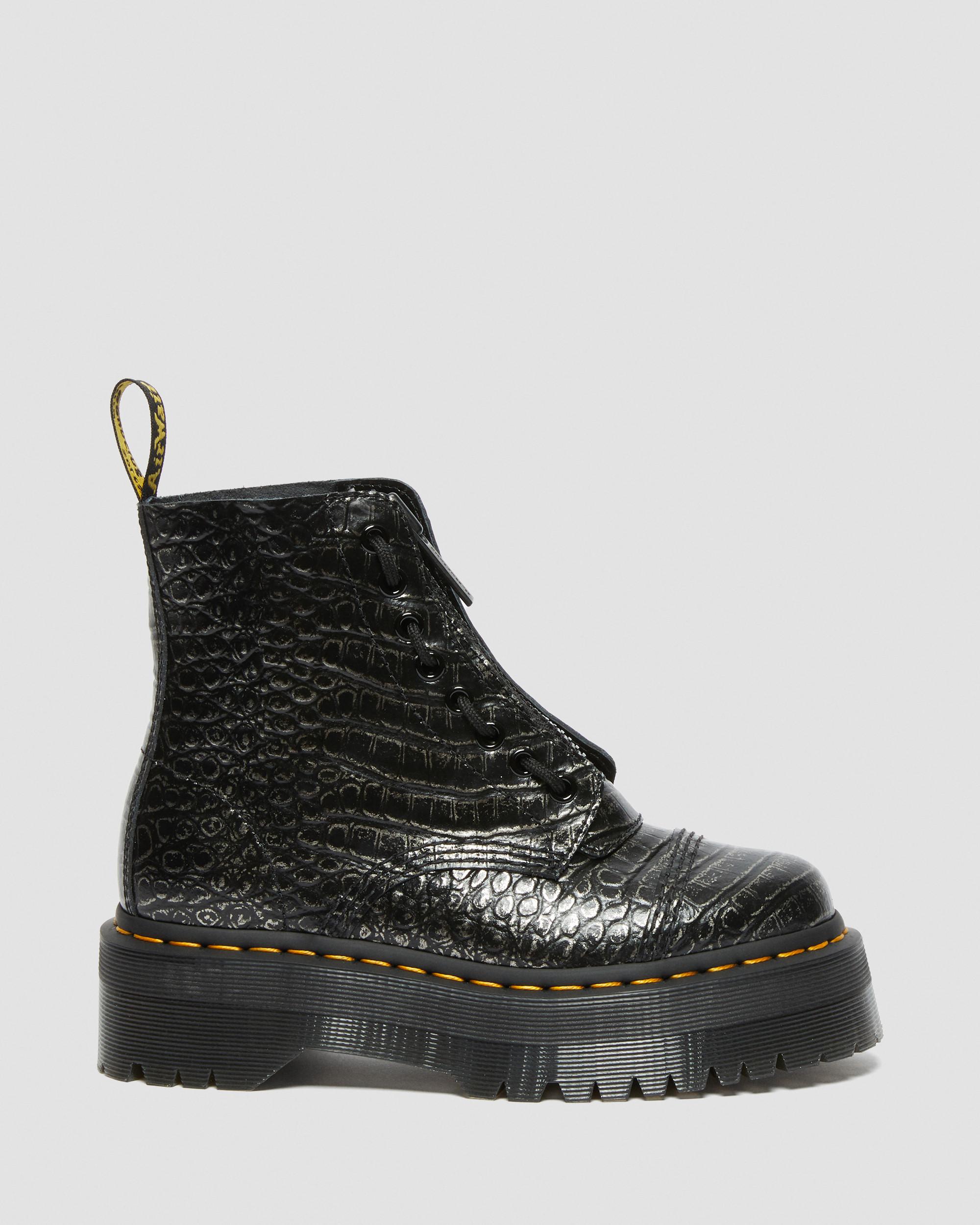 Sinclair Croc Emboss Leather Platform Boots in GUNMETAL | Dr. Martens™