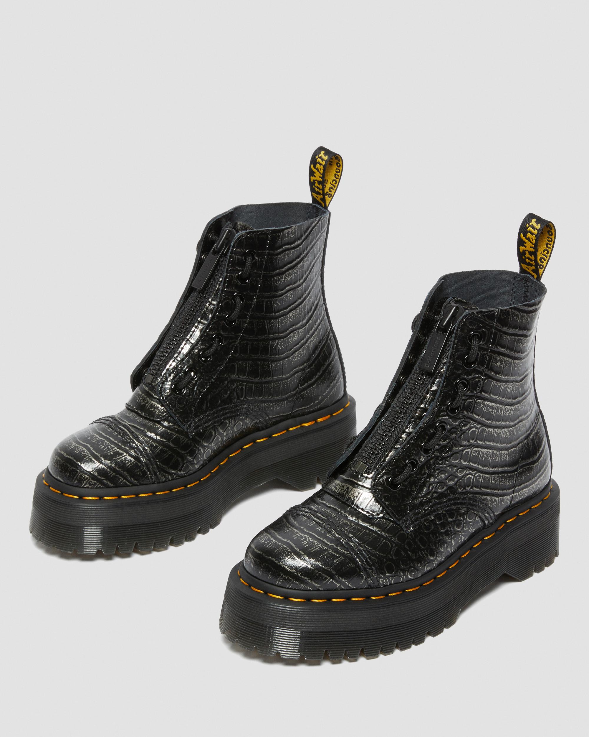 Sinclair Croc Emboss Leather Platform Boots in Gunmetal | Dr. Martens
