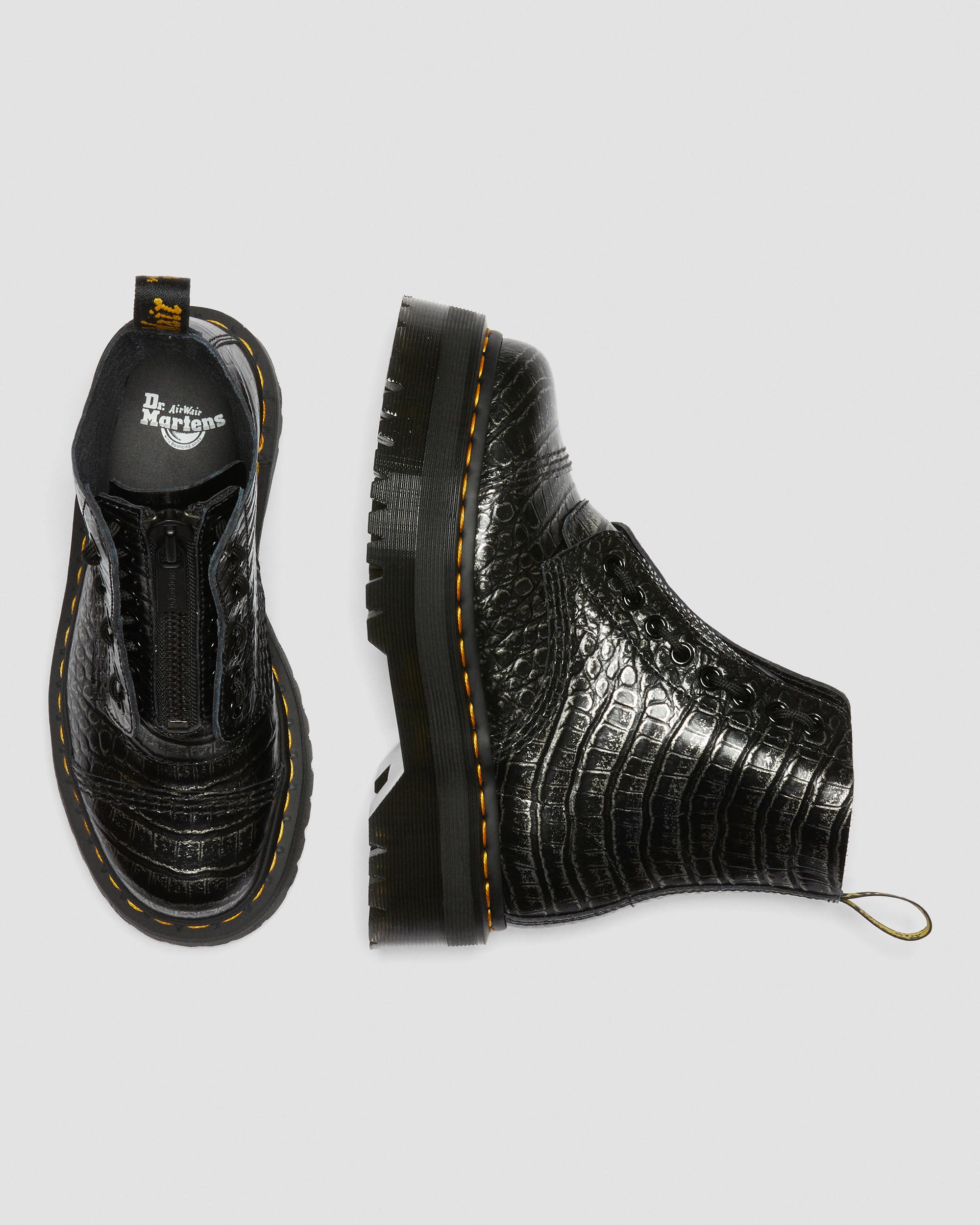 Sinclair Croc Emboss Leather Platform Boots in GUNMETAL | Dr. Martens™