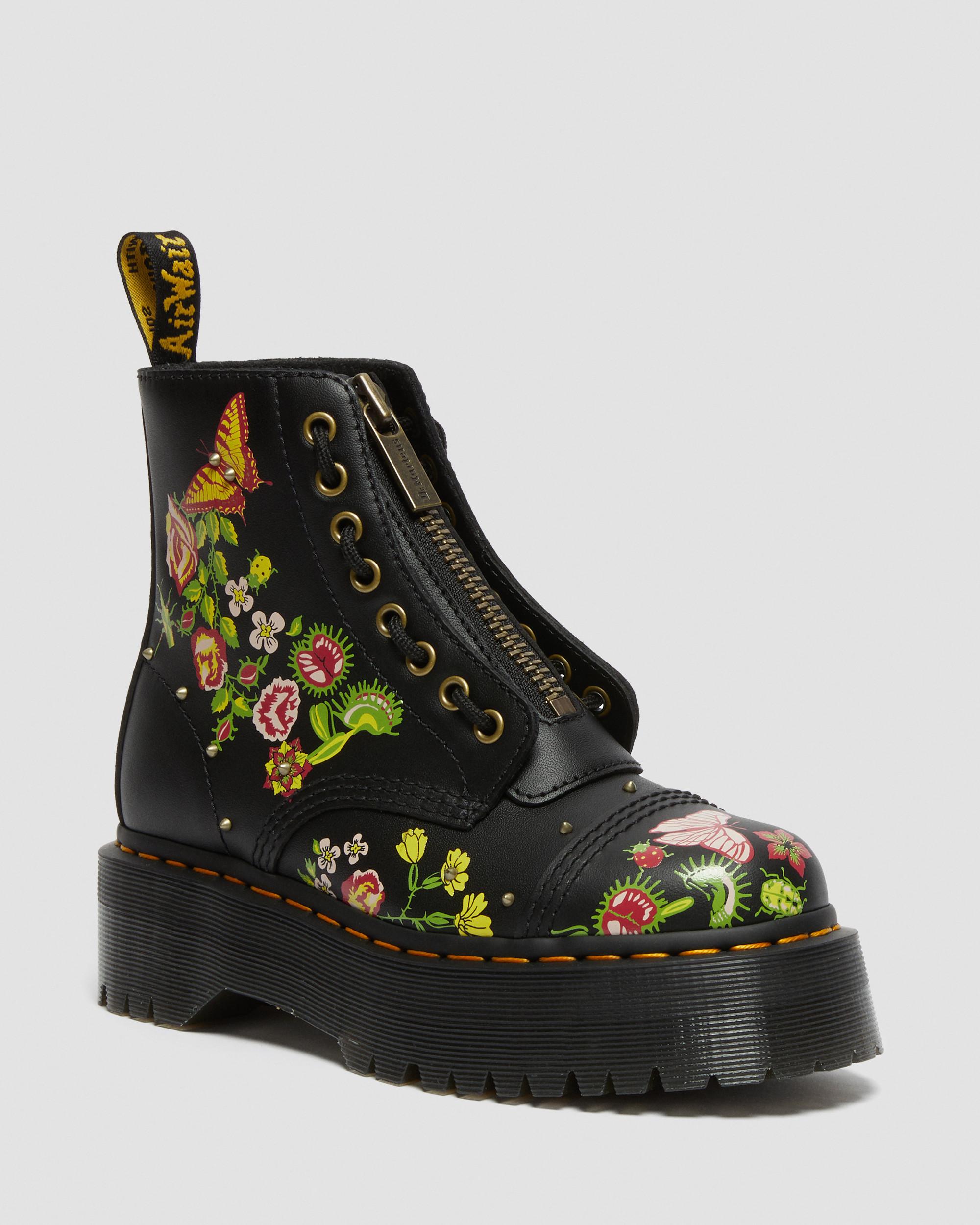 Sinclair Floral Bloom Leather Platform Boots in BLACK+MULTI | Dr