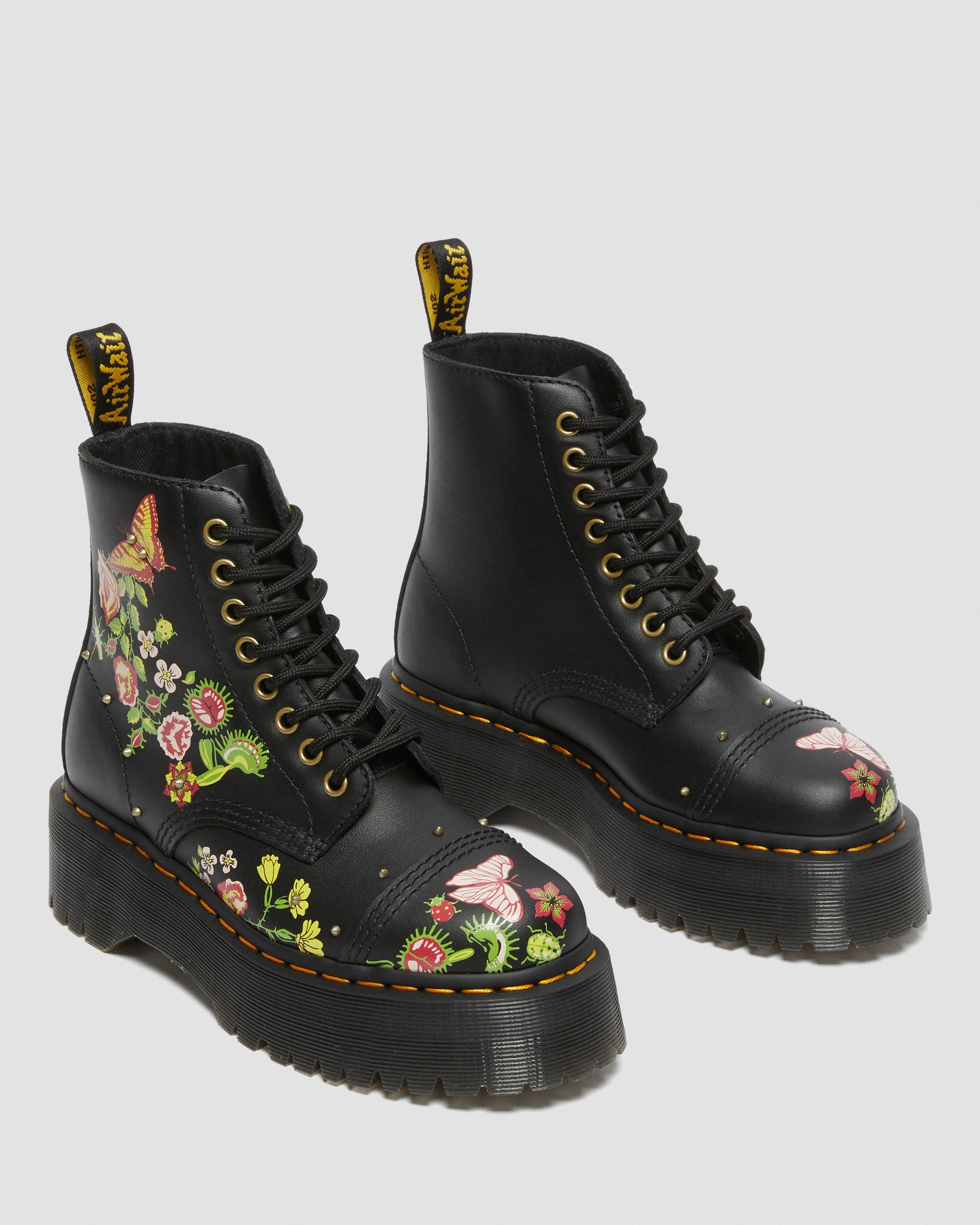 Sinclair Floral Bloom Leather Platform Boots in BLACK+MULTI | Dr