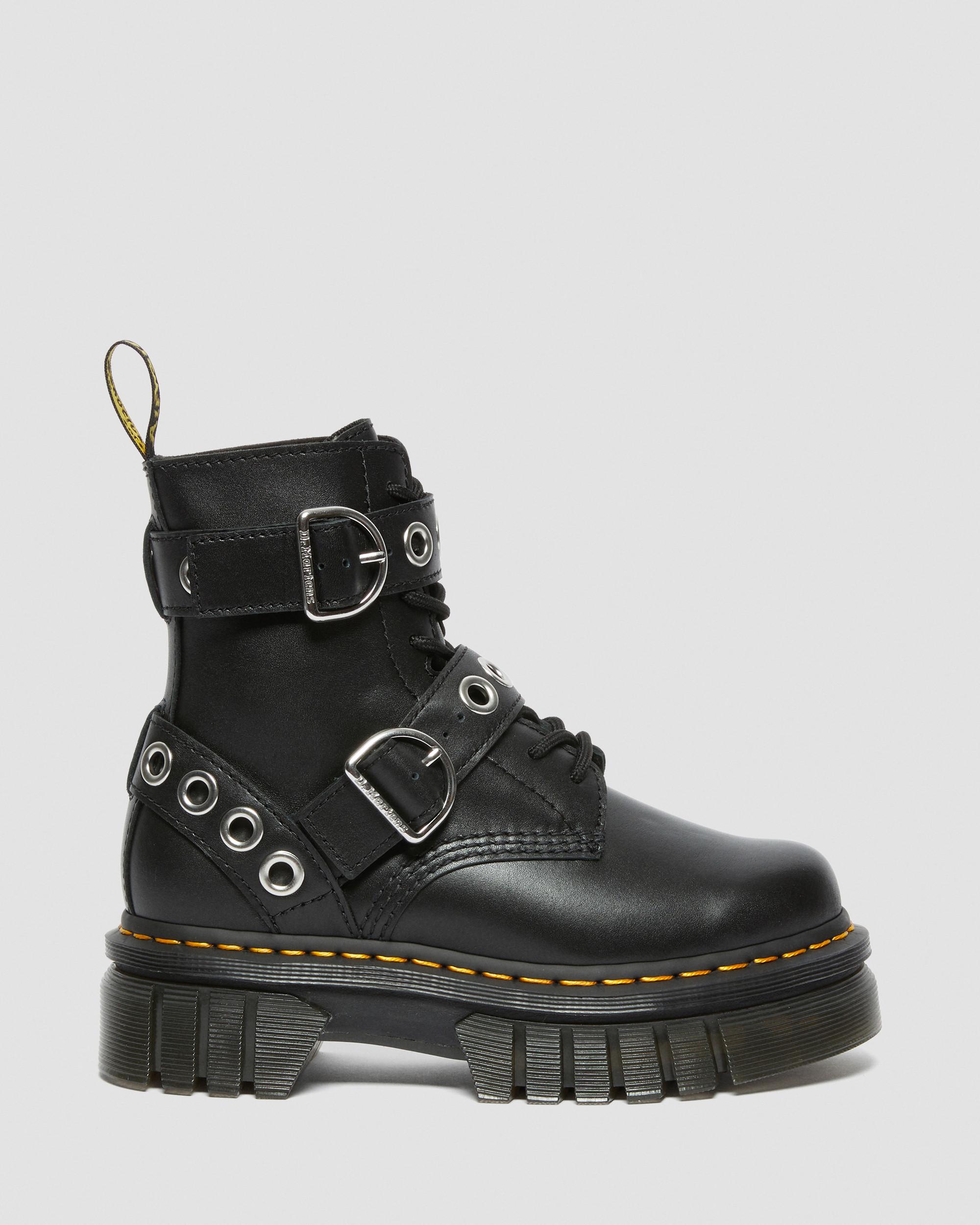 Audrick Hardware Leather Platform Boots in BLACK | Dr. Martens™