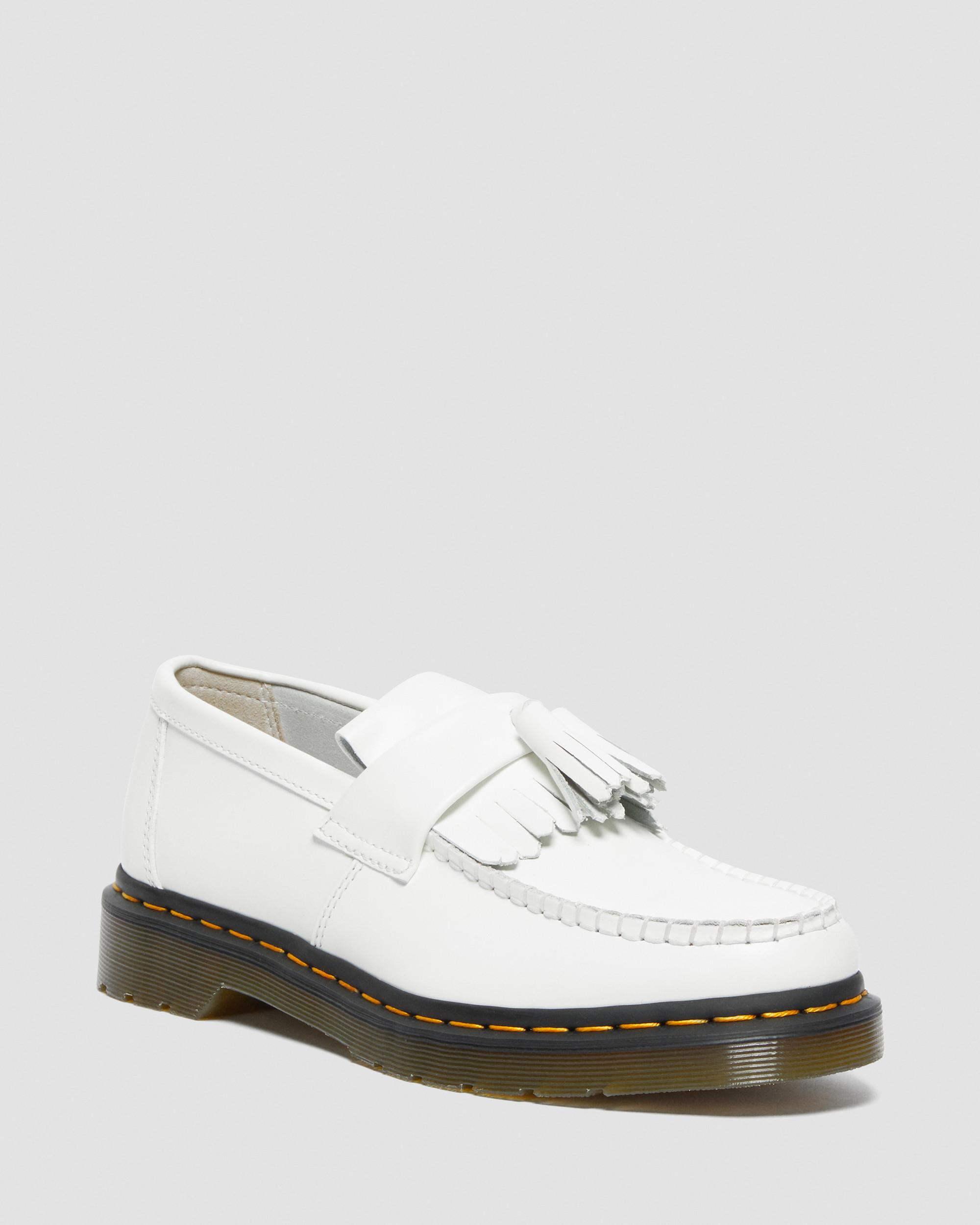 Adrian Yellow Stitch Leather Tassel Loafers in White | Dr. Martens
