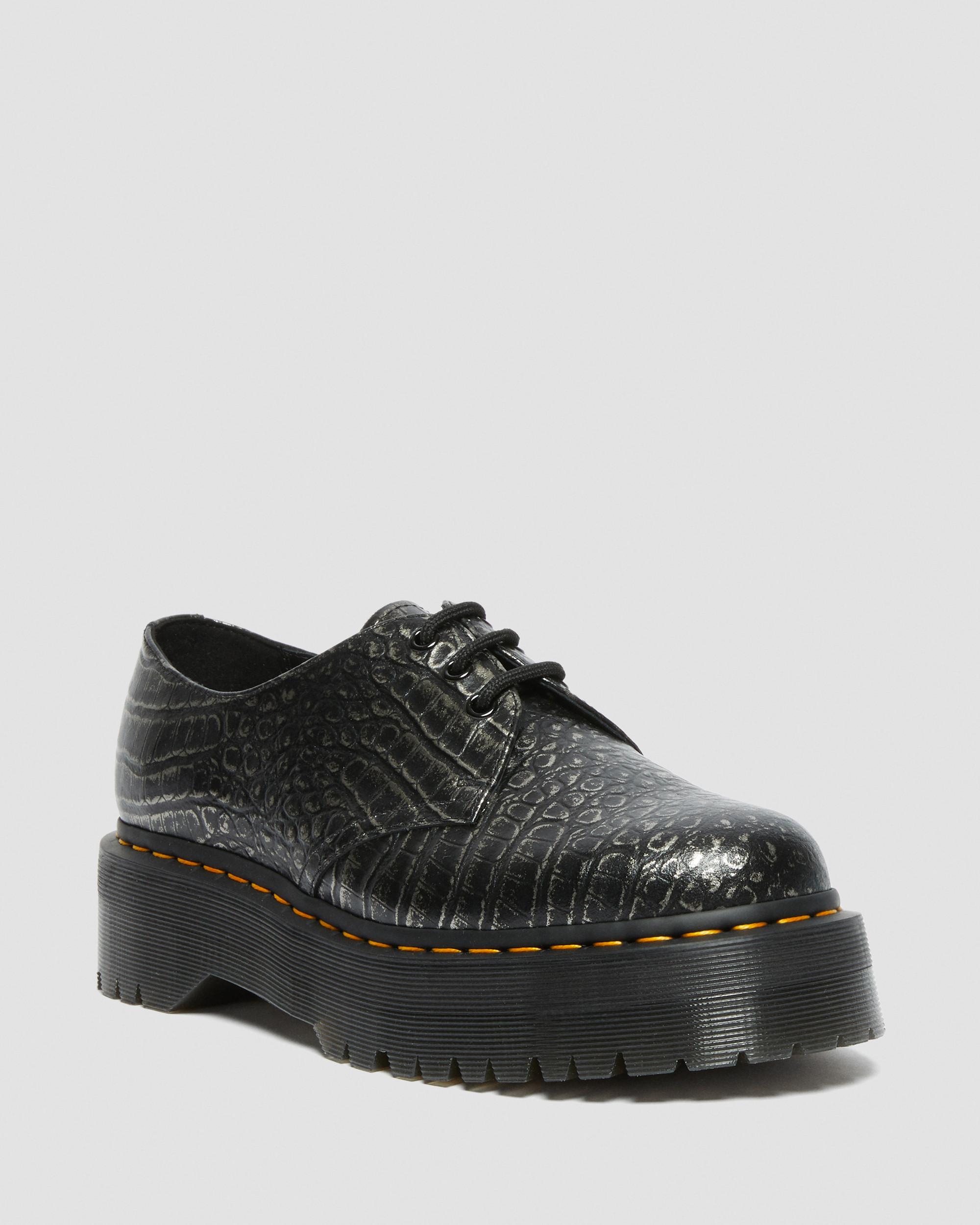1461 Croc Emboss Leather Platform Shoes in GUNMETAL | Dr. Martens™