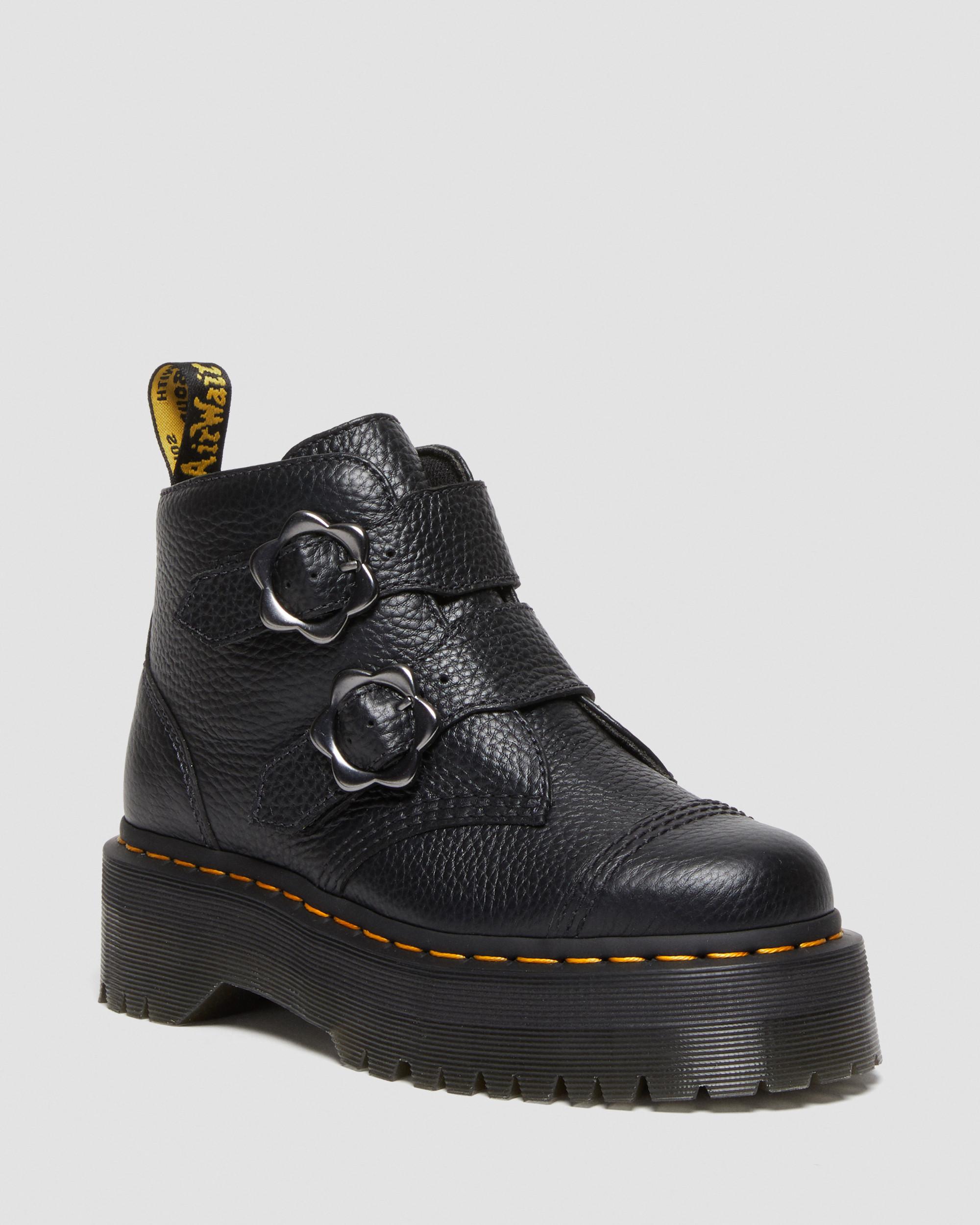 Devon Flower Buckle Leather Platform Boots in Black | Dr. Martens