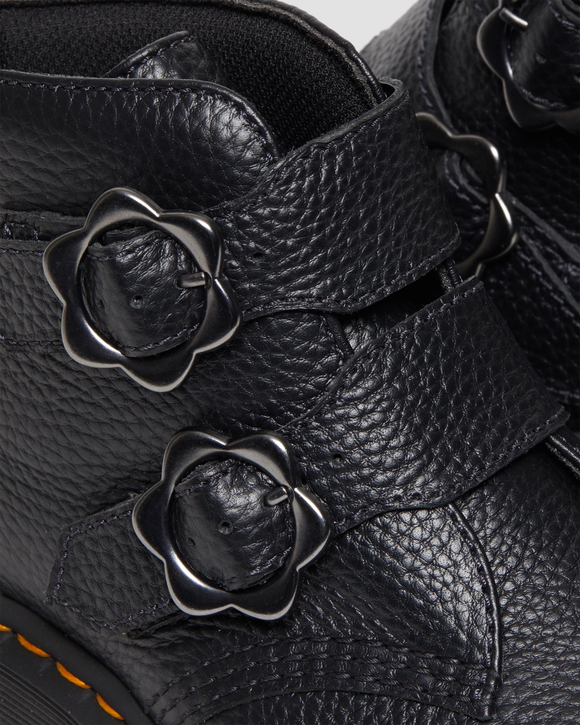 Devon Flower Buckle Leather Platform Boots in Black