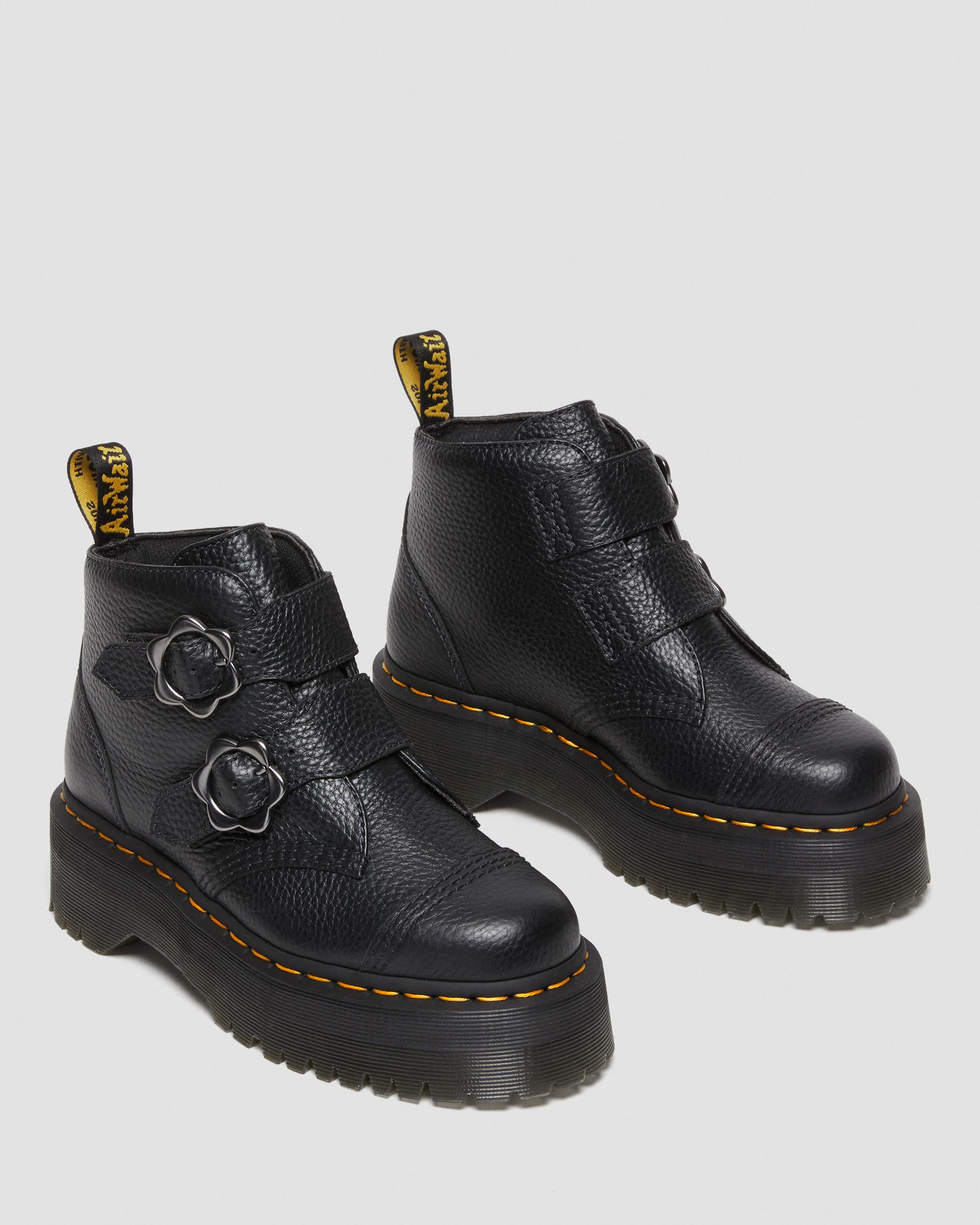 Devon Flower Buckle Leather Platform Boots in Black