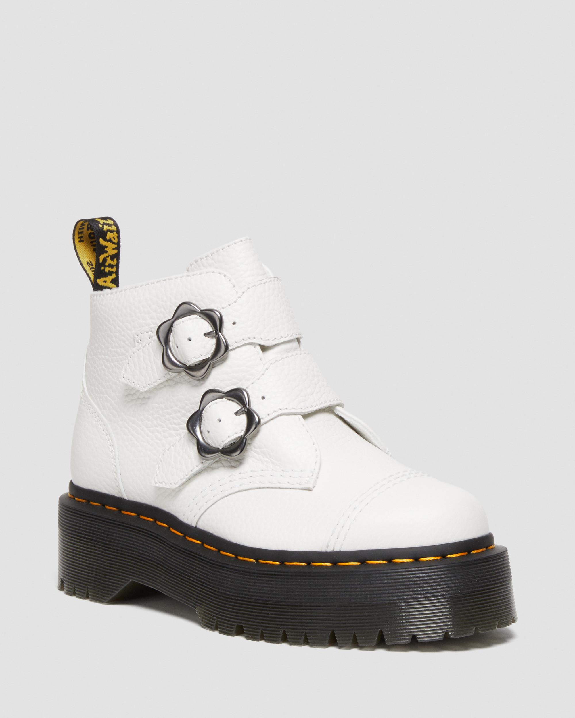 Devon Flower Buckle Leather Platform Boots, White | Dr. Martens