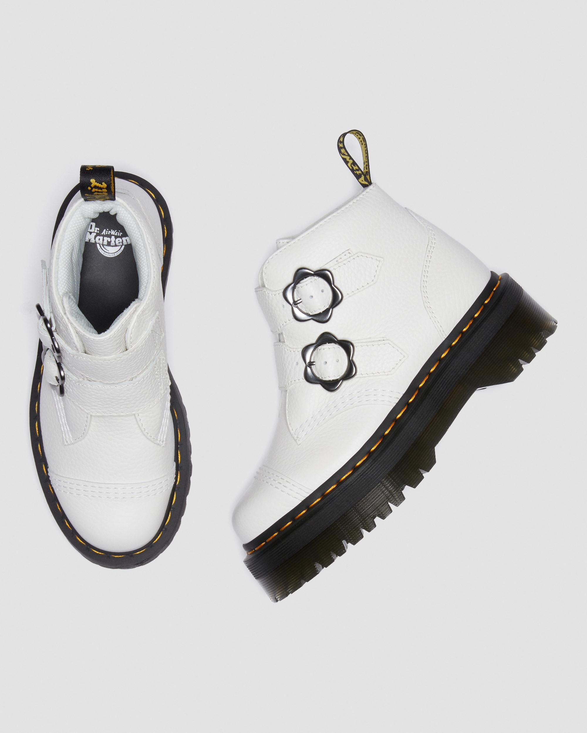 Devon Flower Buckle Leather Platform Boots in White | Dr. Martens