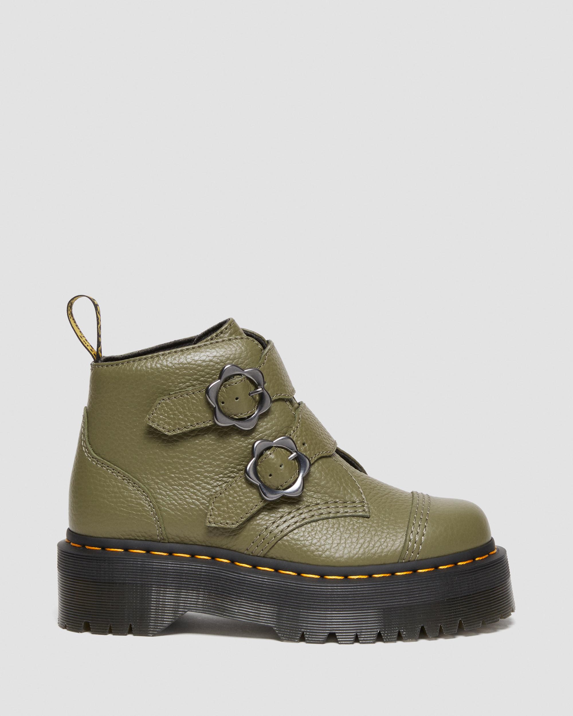 Devon Flower Buckle Leather Platform Boots in KHAKI GREEN | Dr