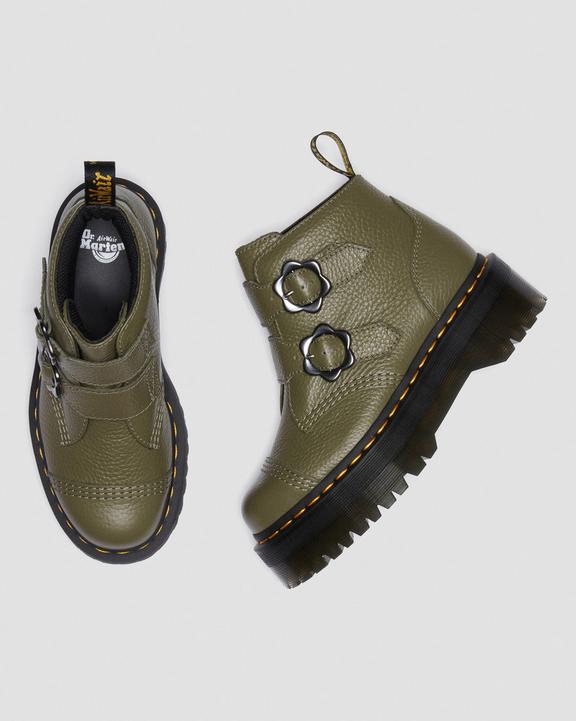 Devon Flower Buckle Leather Platform Boots in Khaki Green Devon Flower Buckle Leather Platform Boots in Khaki Green