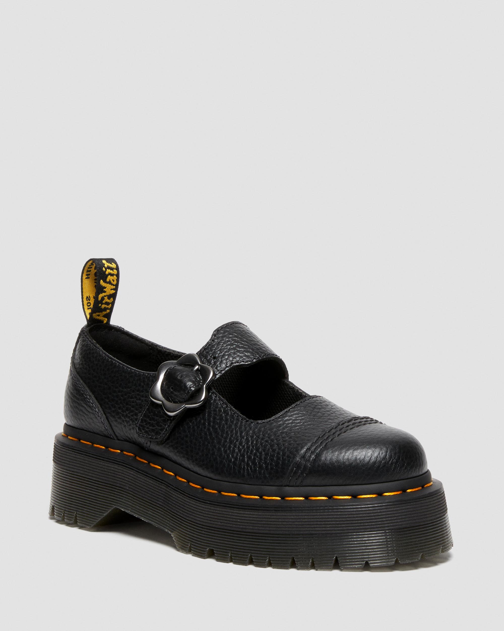 Addina Flower Buckle Leather Platform Shoes in Black