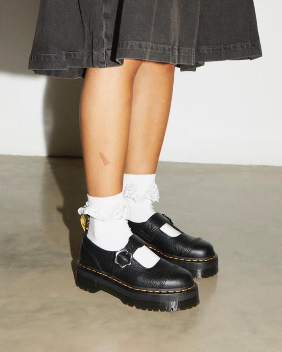 Addina Flower Buckle Leather Platform Shoes in Black Milled Addina Flower Buckle Leather Platform Shoes in Black Milled