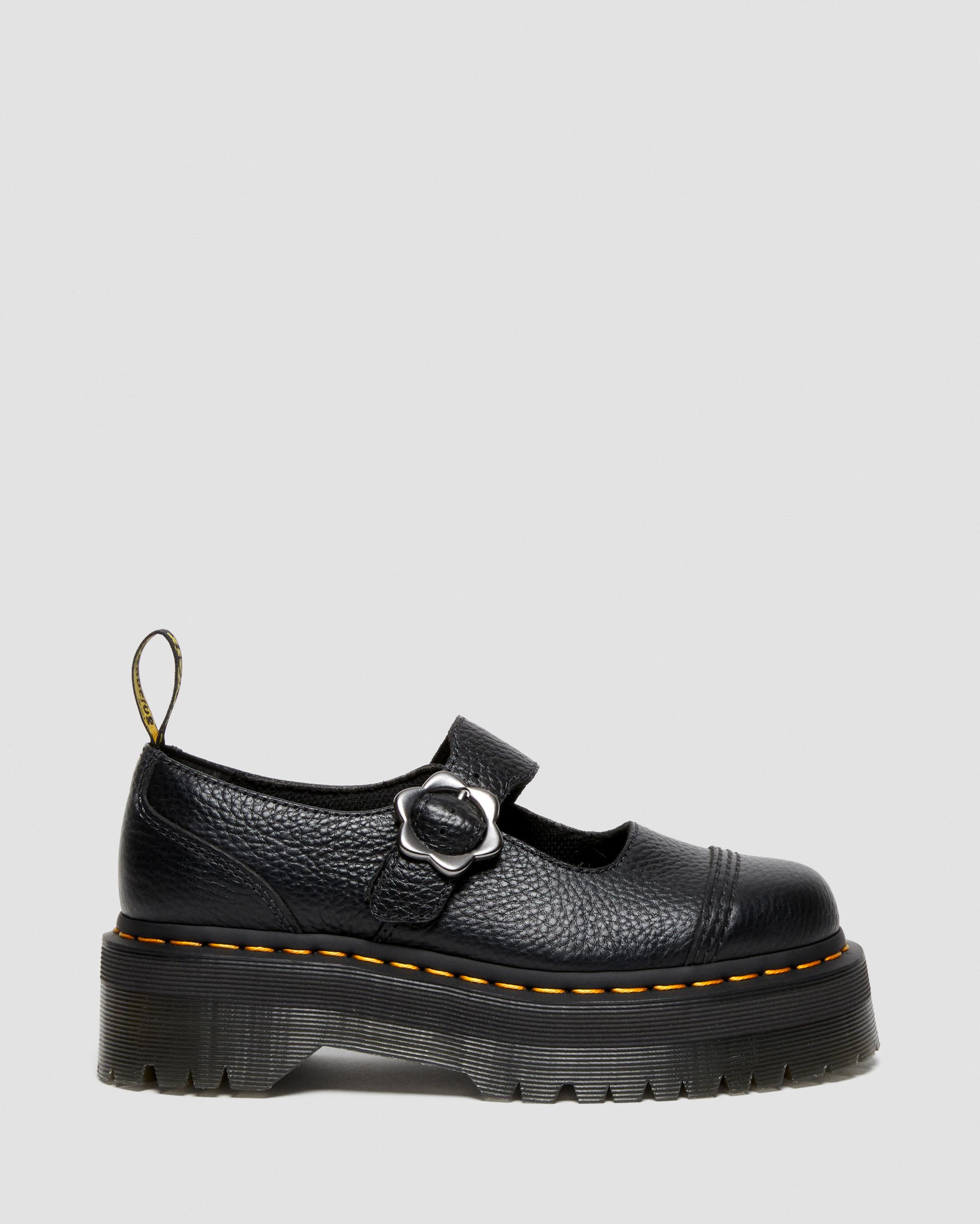 Addina Flower Buckle Leather Platform Shoes in Black