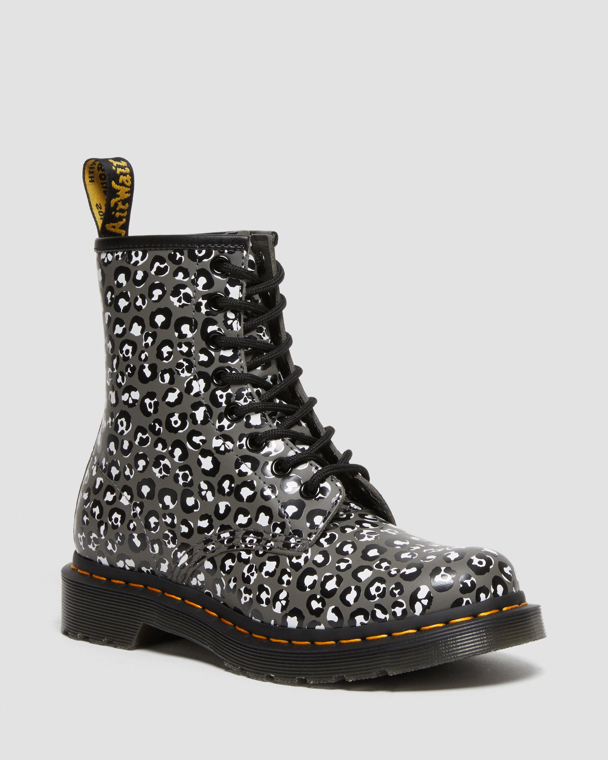 1460 Women's Leopard Smooth Leather Lace Up Boots, Gunmetal | Dr. Martens