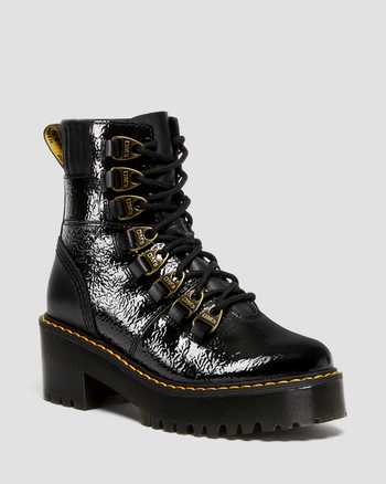 Laurenne Distressed Patent Leather Lace Up Heel Boots