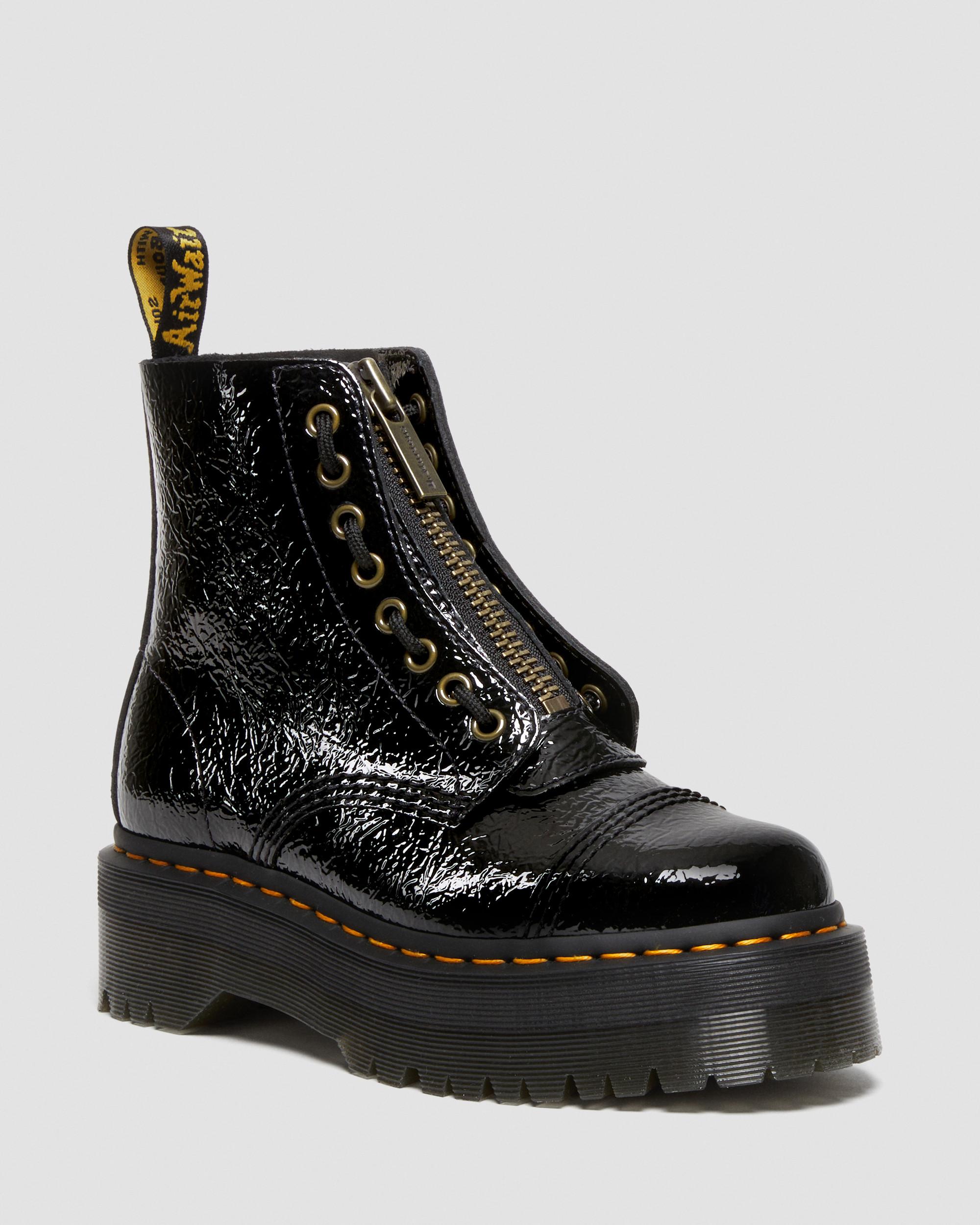 Sinclair Distressed Patent Leather Platform Boots in Black | Dr. Martens