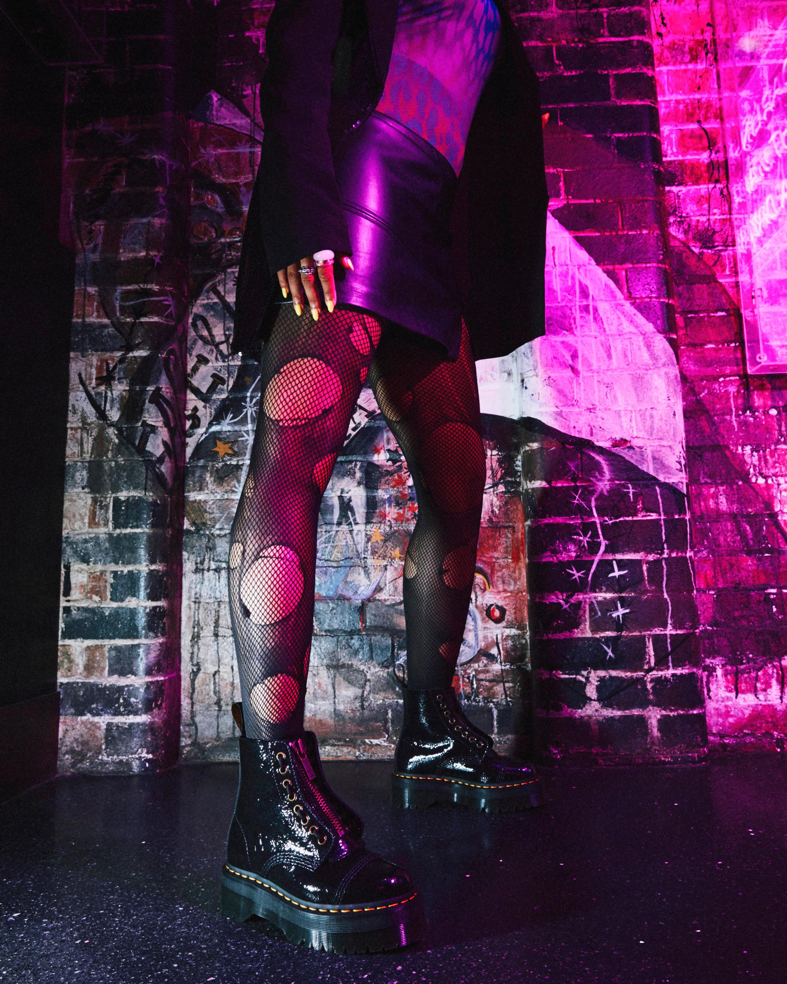 Sinclair Distressed Patent Leather Platform Boots in BLACK | Dr