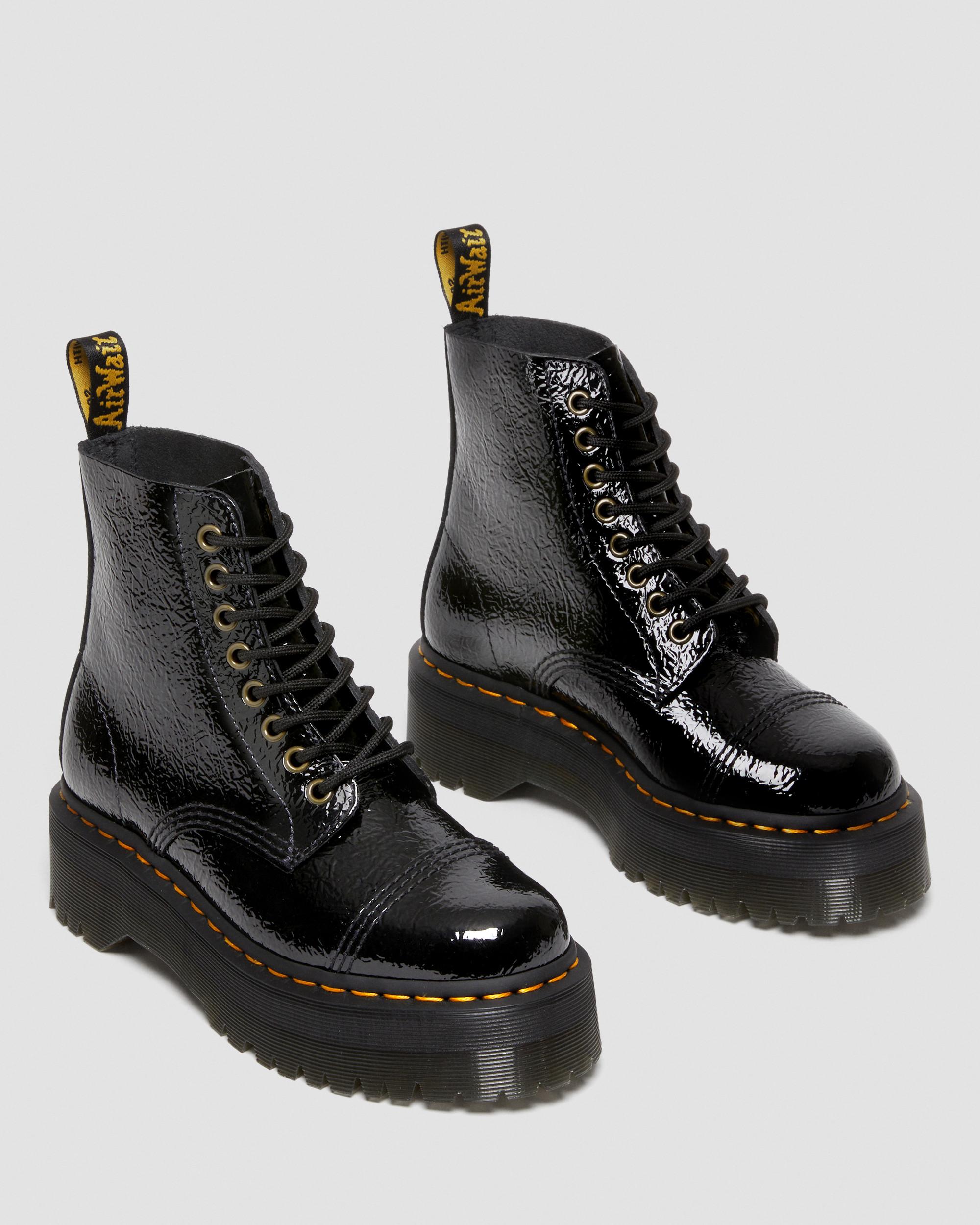 Sinclair Distressed Patent Leather Platform Boots in BLACK | Dr