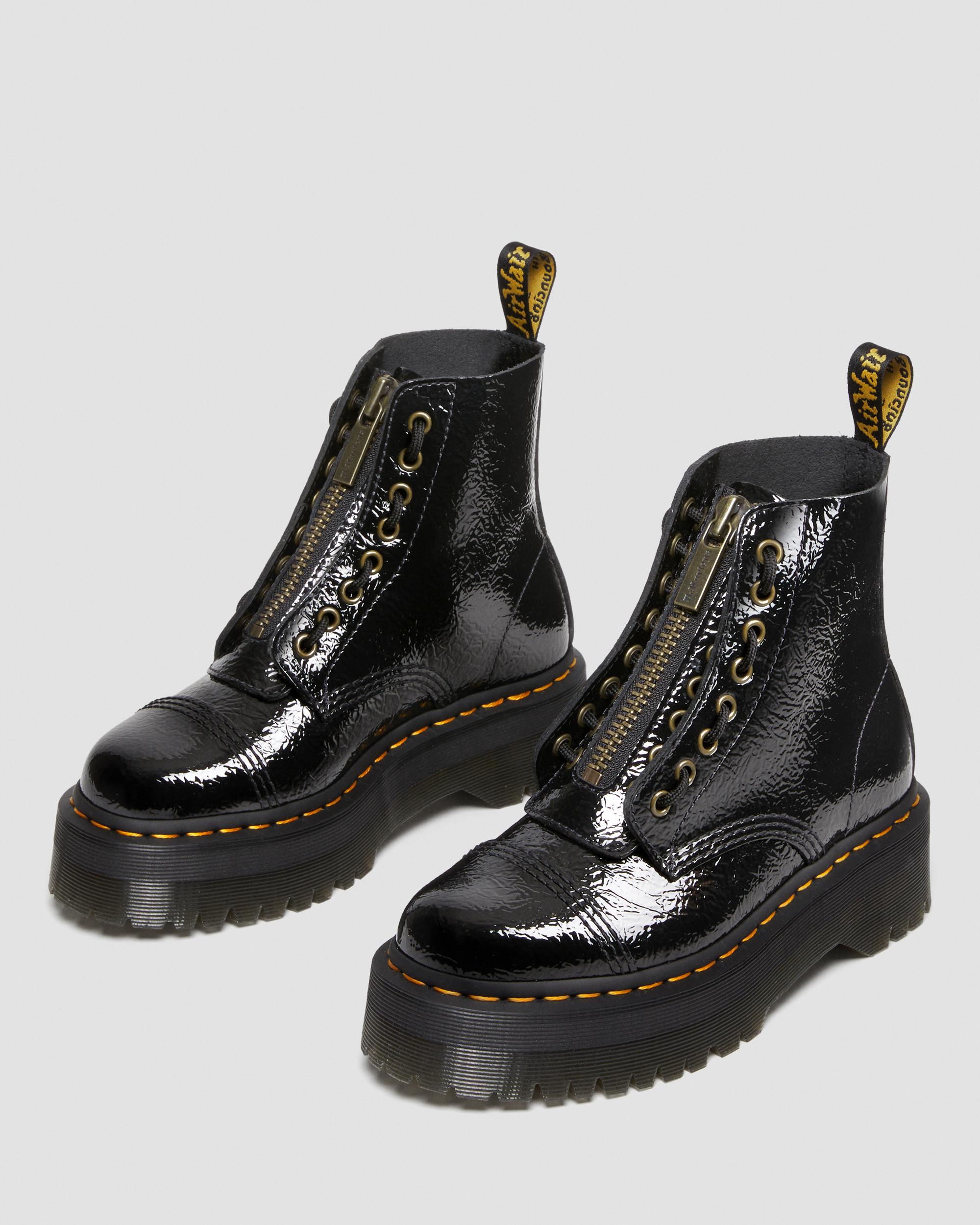 Sinclair Distressed Patent Leather Platform Boots in BLACK | Dr