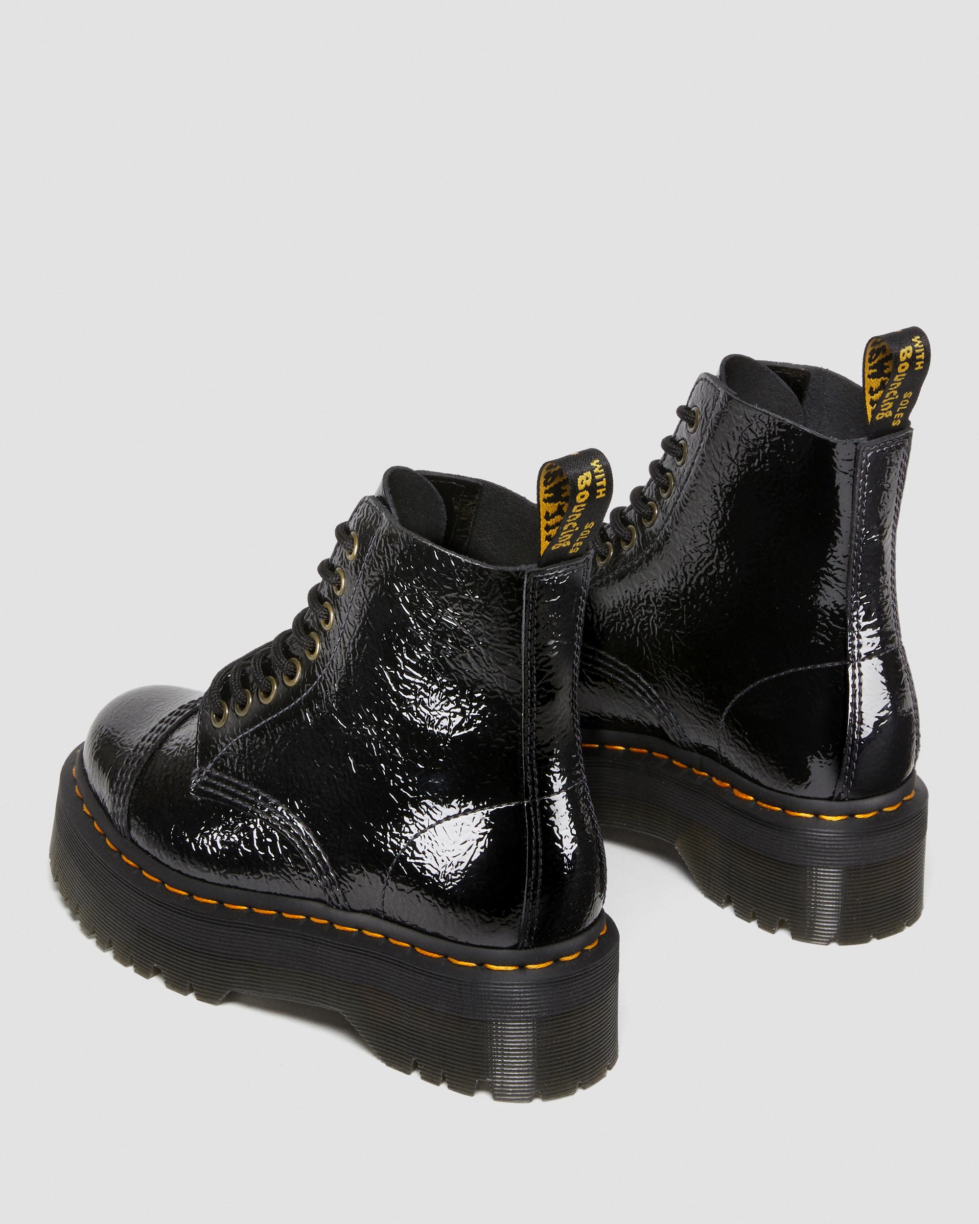Sinclair Distressed Patent Leather Platform Boots in BLACK | Dr