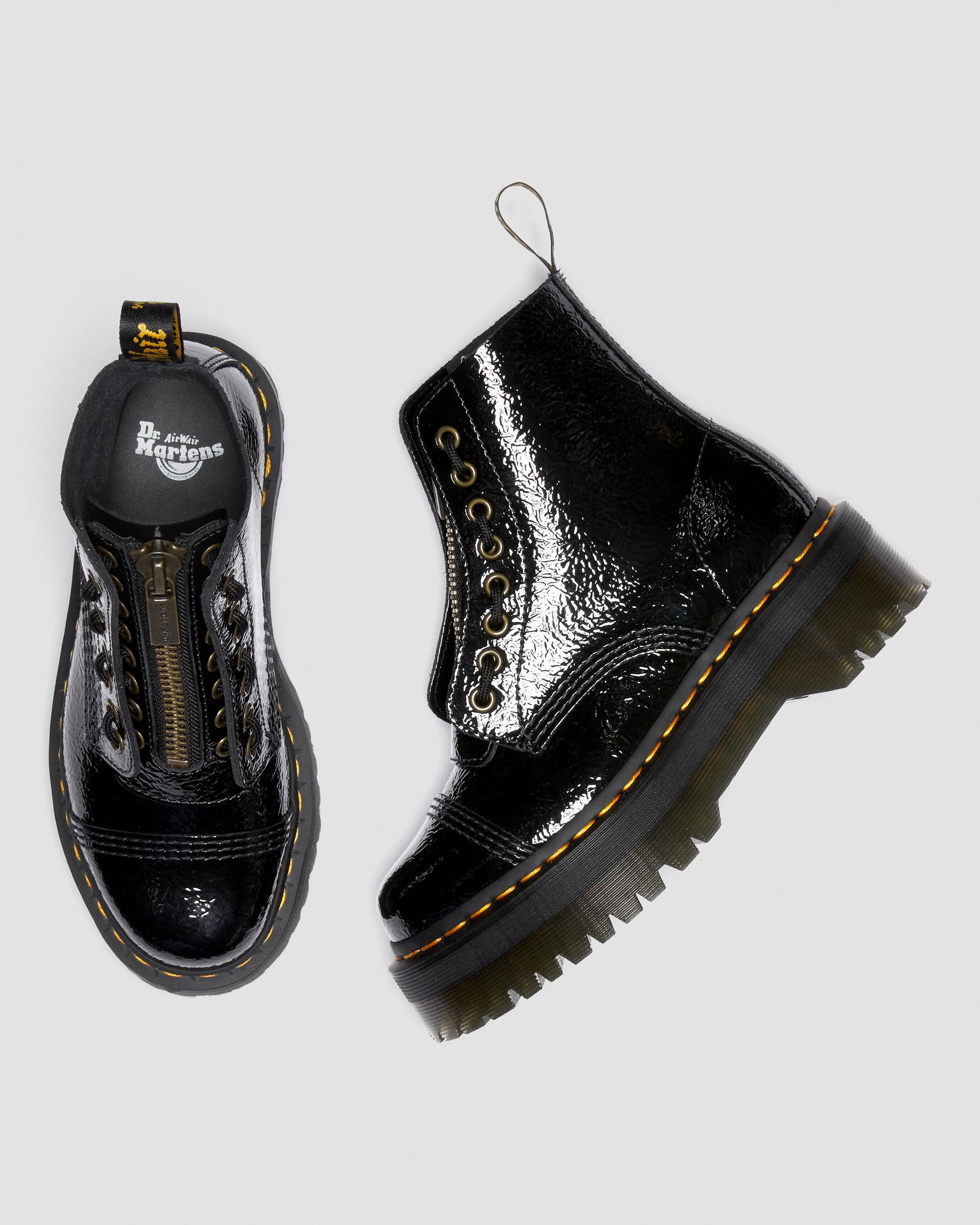 Sinclair Distressed Patent Leather Platform Boots in BLACK | Dr
