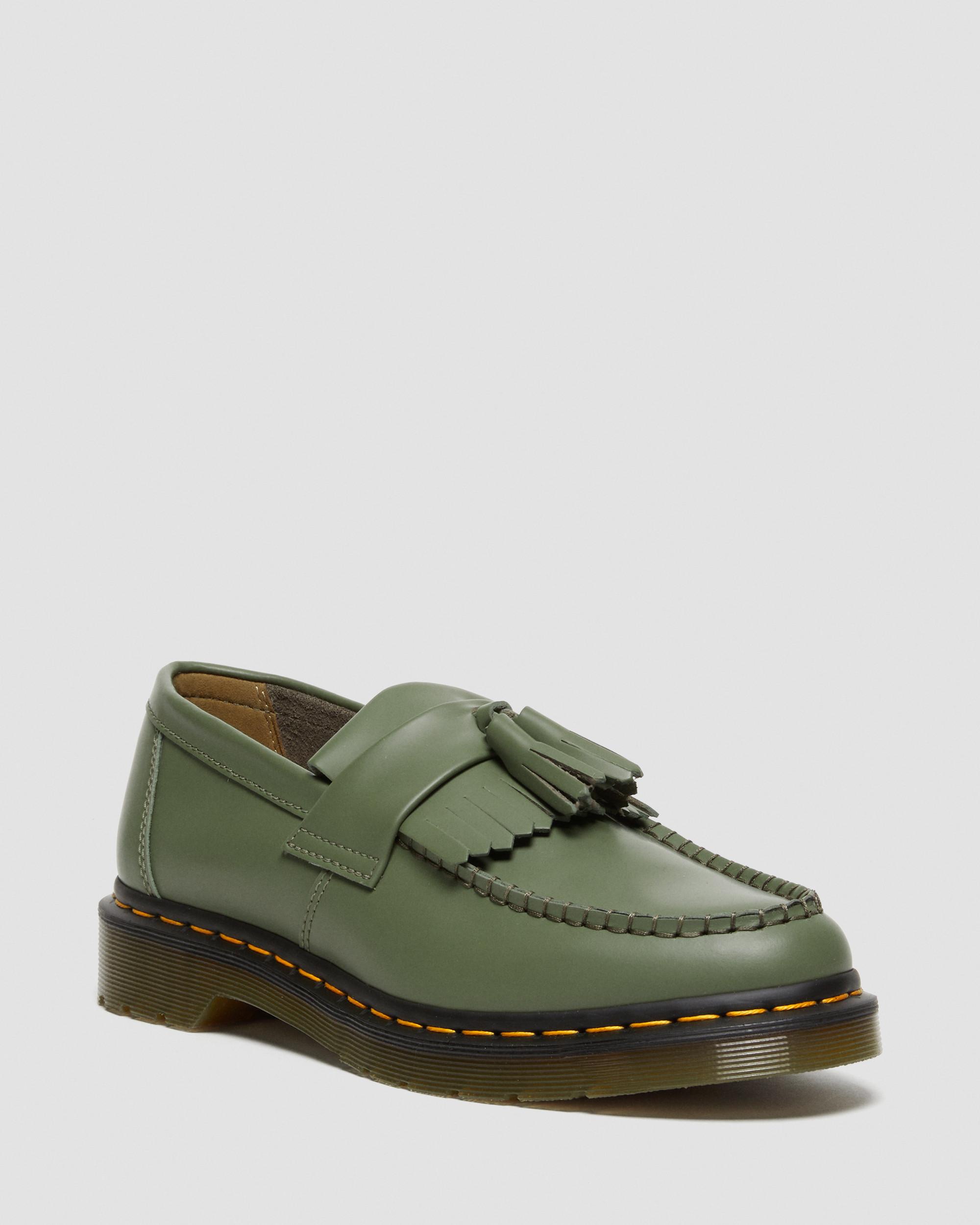 Adrian Yellow Stitch Leather Tassel Loafers, Khaki Green | Dr. Martens