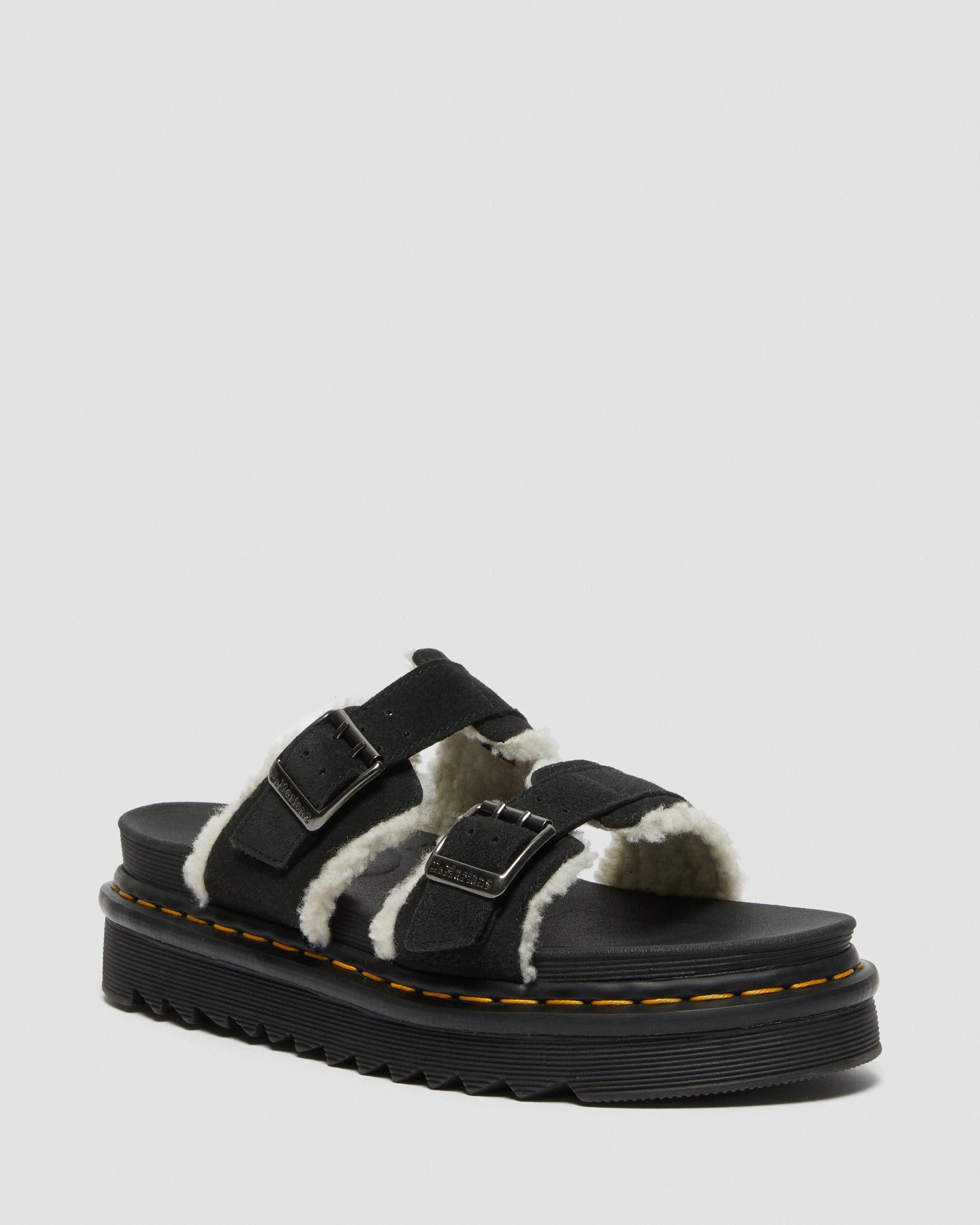 Myles Suede Fur-Lined Buckle Slide Sandals in BLACK | Dr. Martens™