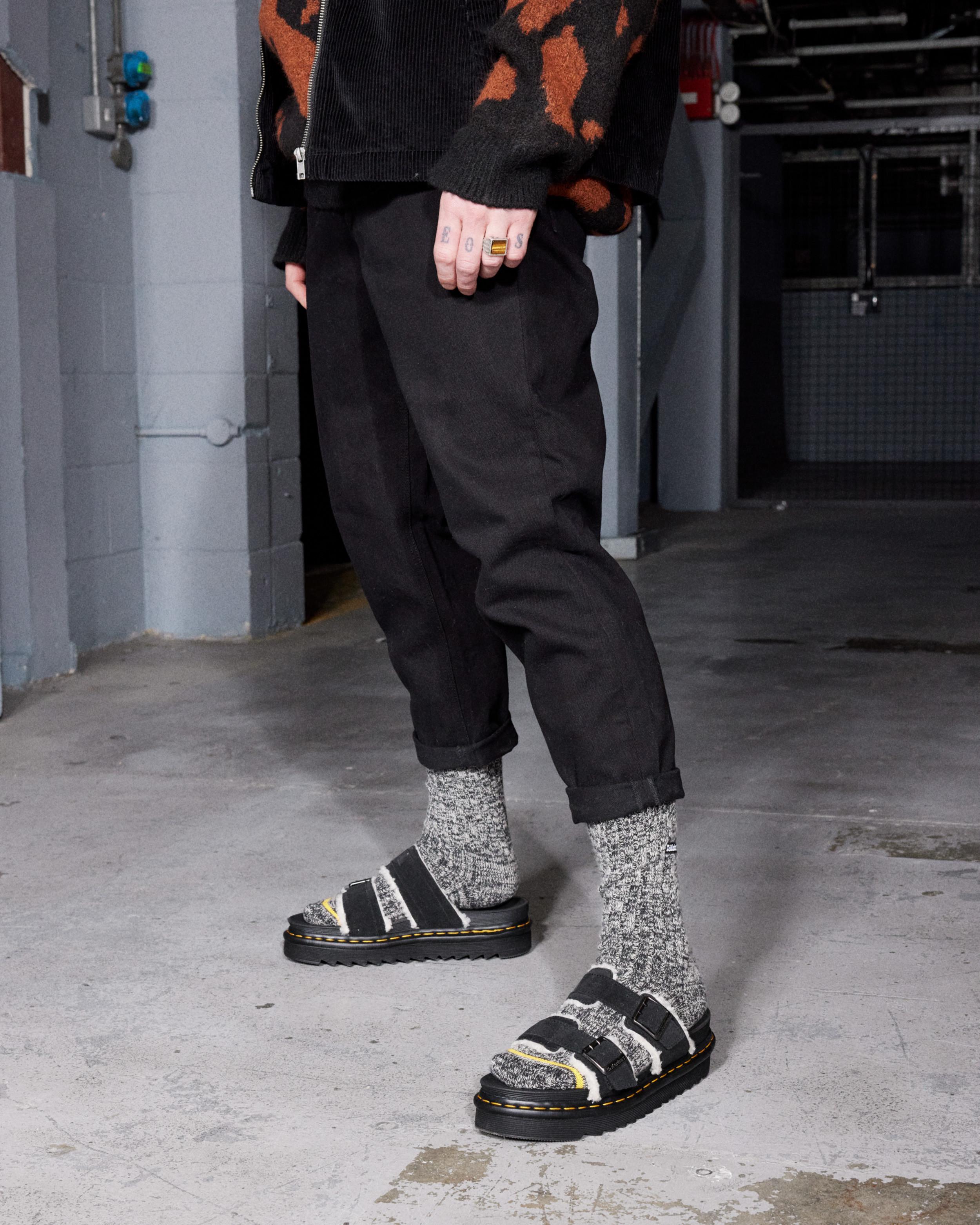 Myles Suede Fur-Lined Buckle Slide Sandals in BLACK | Dr. Martens™