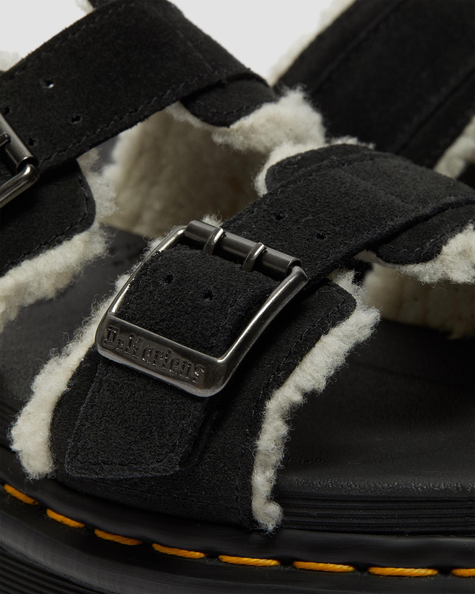 Myles Suede Fur-Lined Buckle Slide Sandals in Black | Dr. Martens