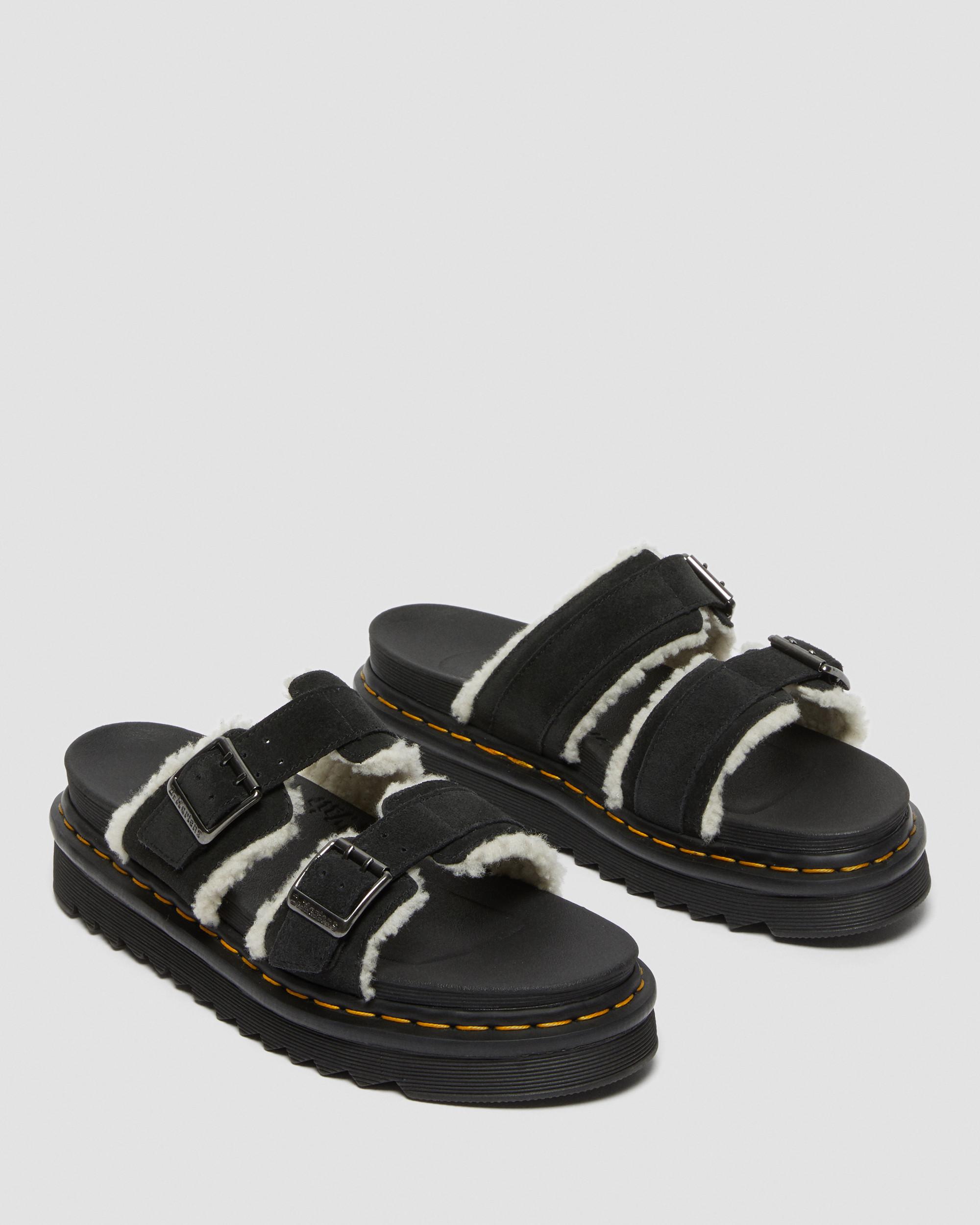 Myles Suede Fur-Lined Buckle Slide Sandals | Dr. Martens