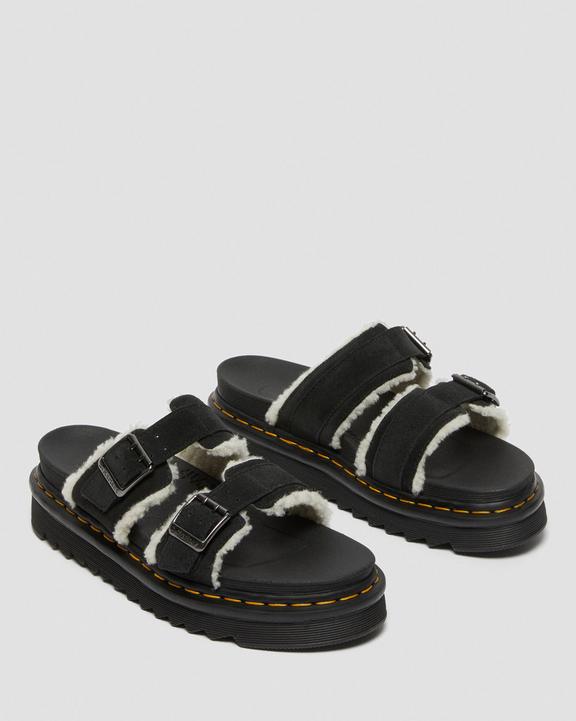 Myles Suede Fur-Lined Buckle Slide Sandals in Black | Dr Myles Suede Fur-Lined Buckle Slide Sandals in Black | Dr