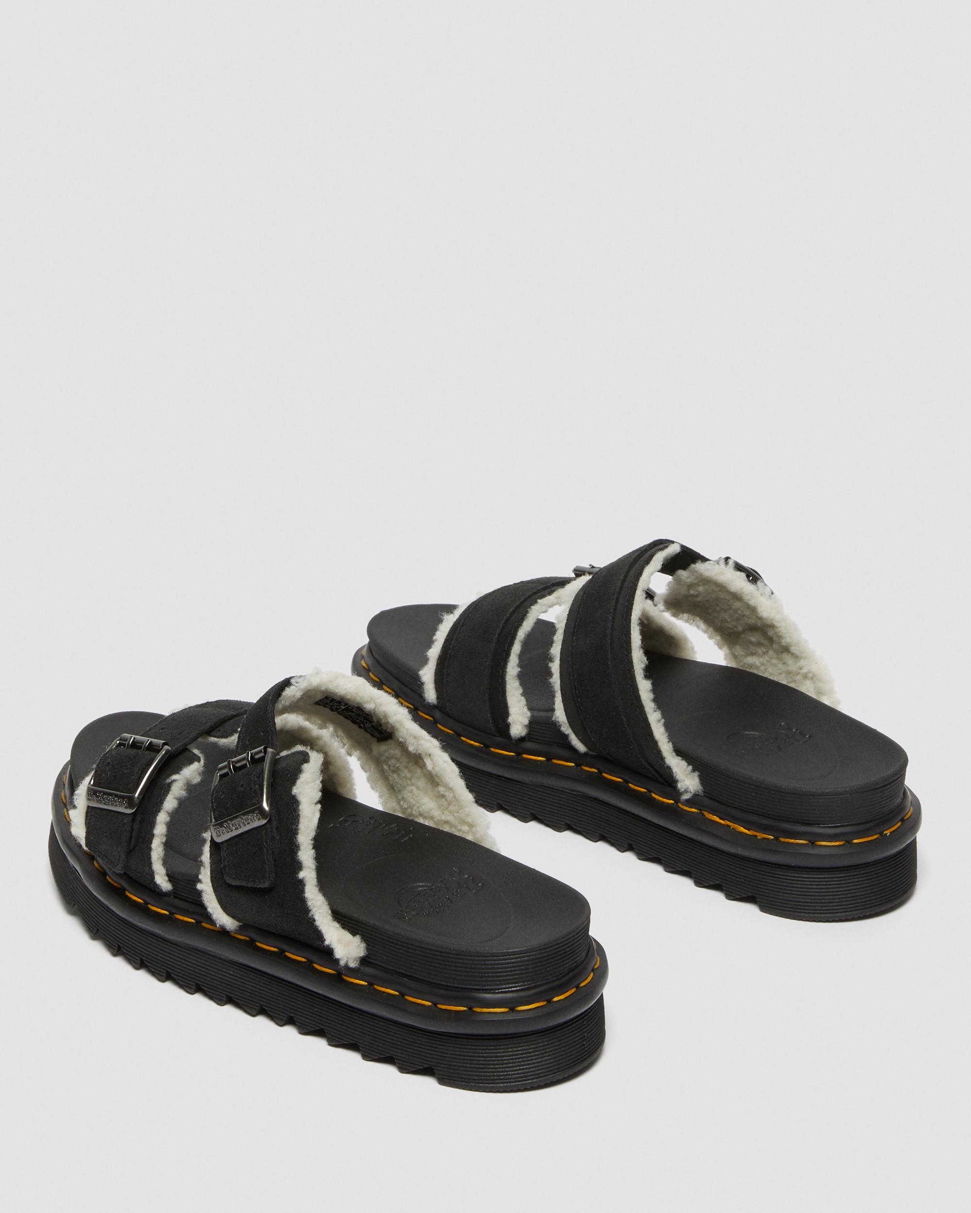 Myles Suede Fur-Lined Buckle Slide Sandals in BLACK | Dr. Martens™
