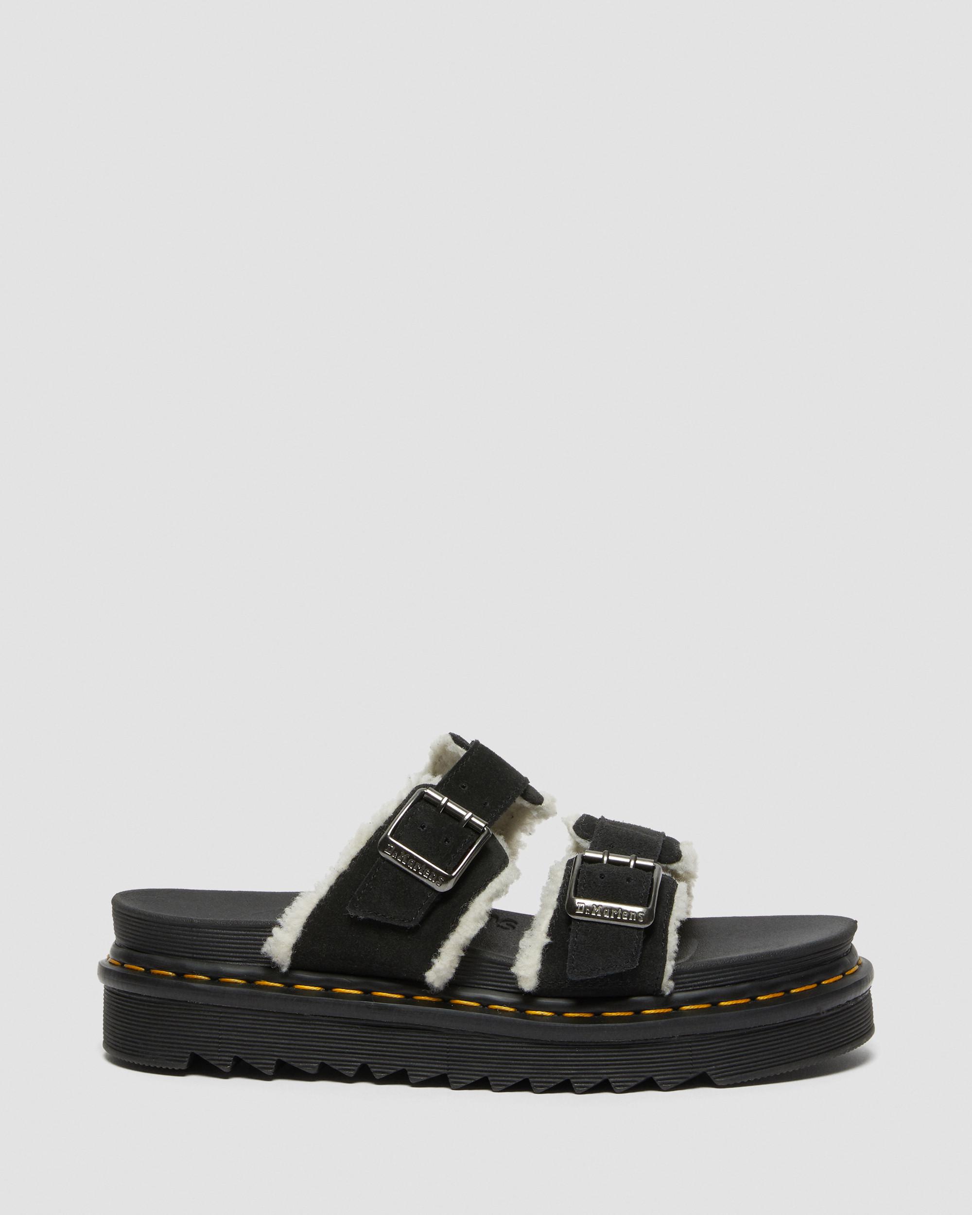 Myles Suede Fur-Lined Buckle Slide Sandals in BLACK | Dr. Martens™