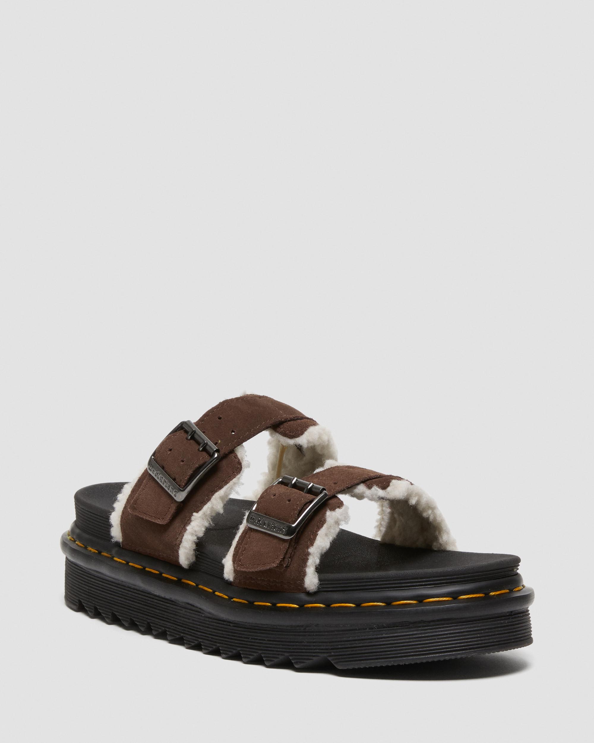 Myles Suede Fur-Lined Buckle Slide Sandals in DARK BROWN | Dr