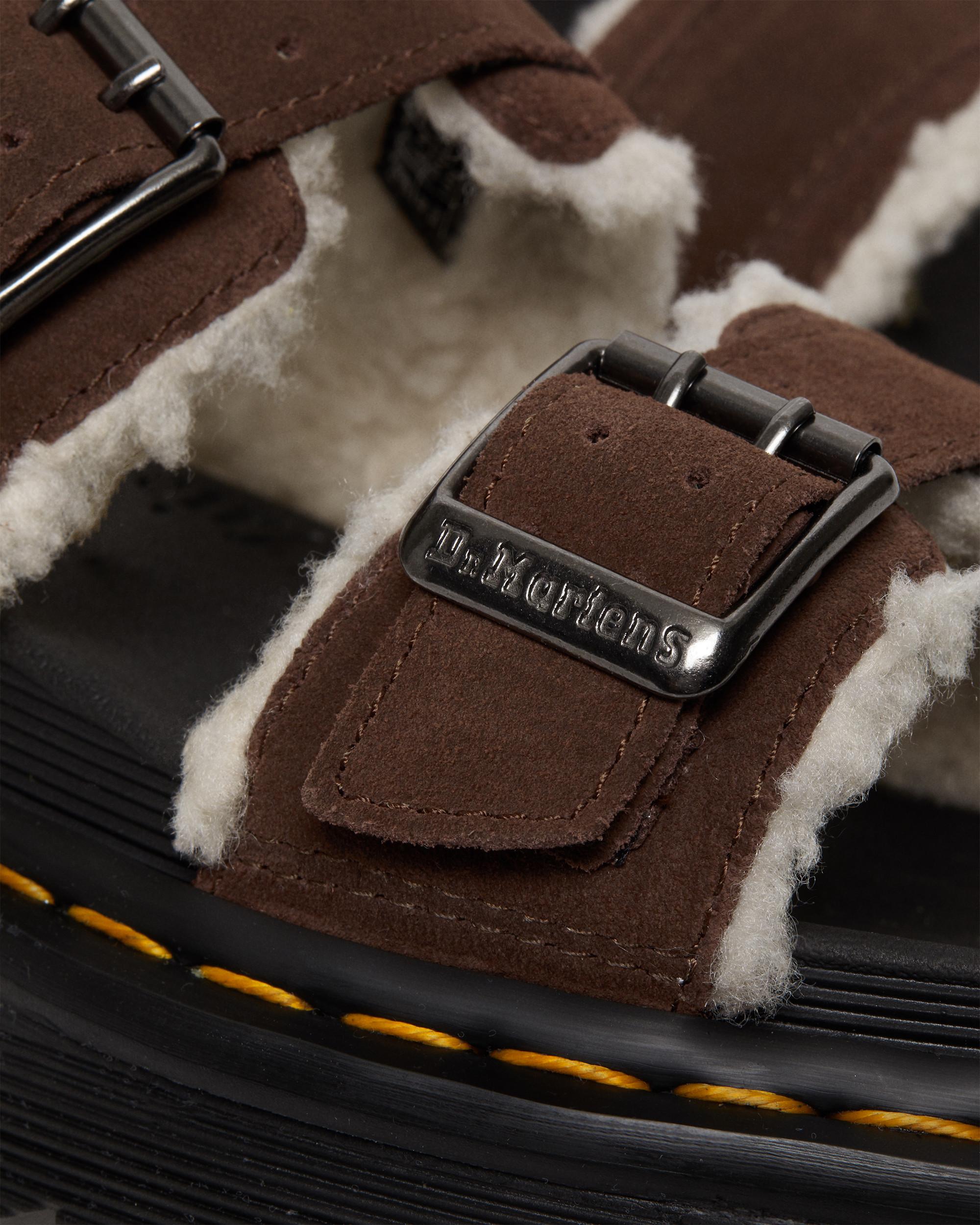 Myles Suede Fur-Lined Buckle Slide Sandals in DARK BROWN | Dr
