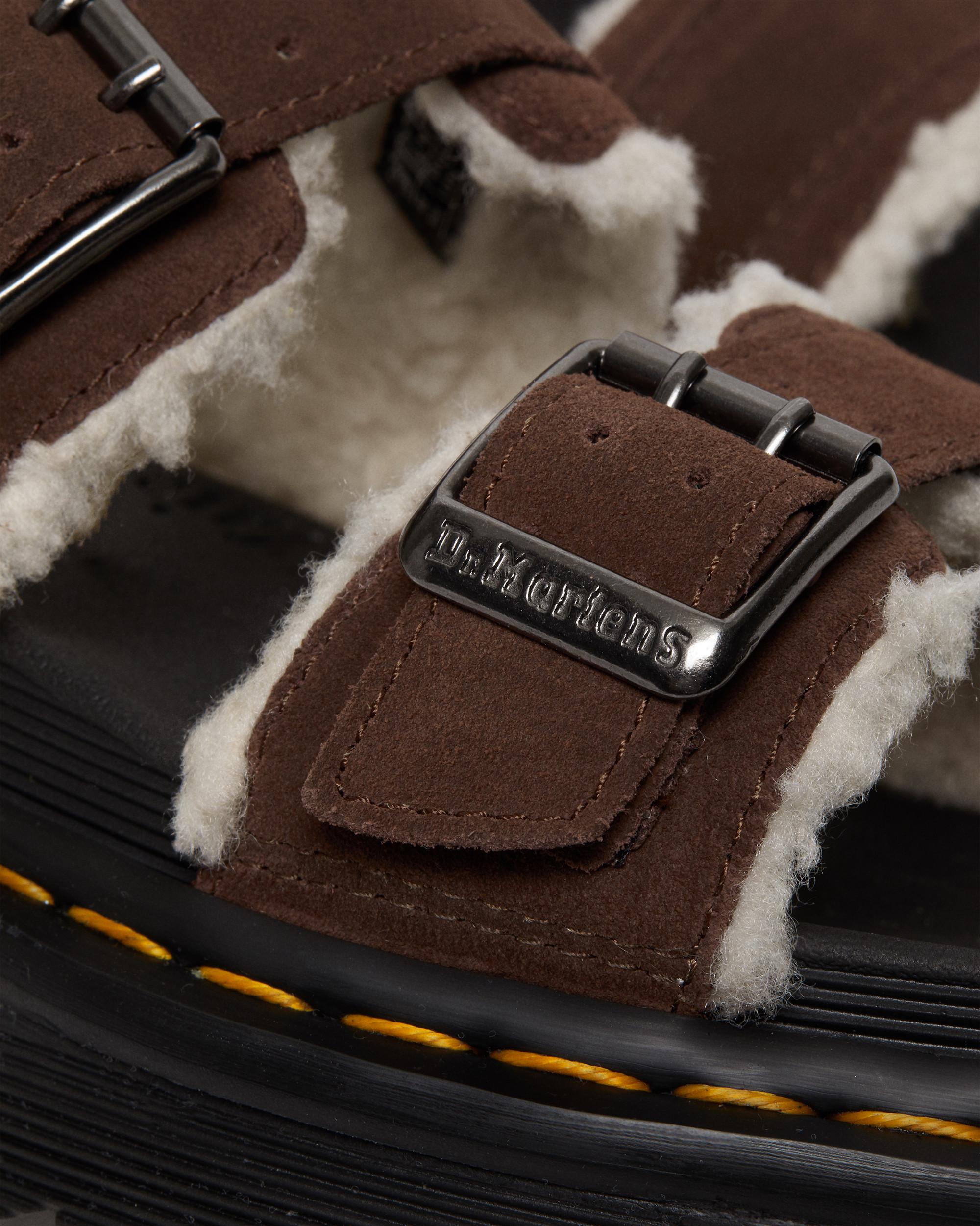 Myles Suede Fur-Lined Buckle Slide Sandals in Dark Brown | Dr. Martens