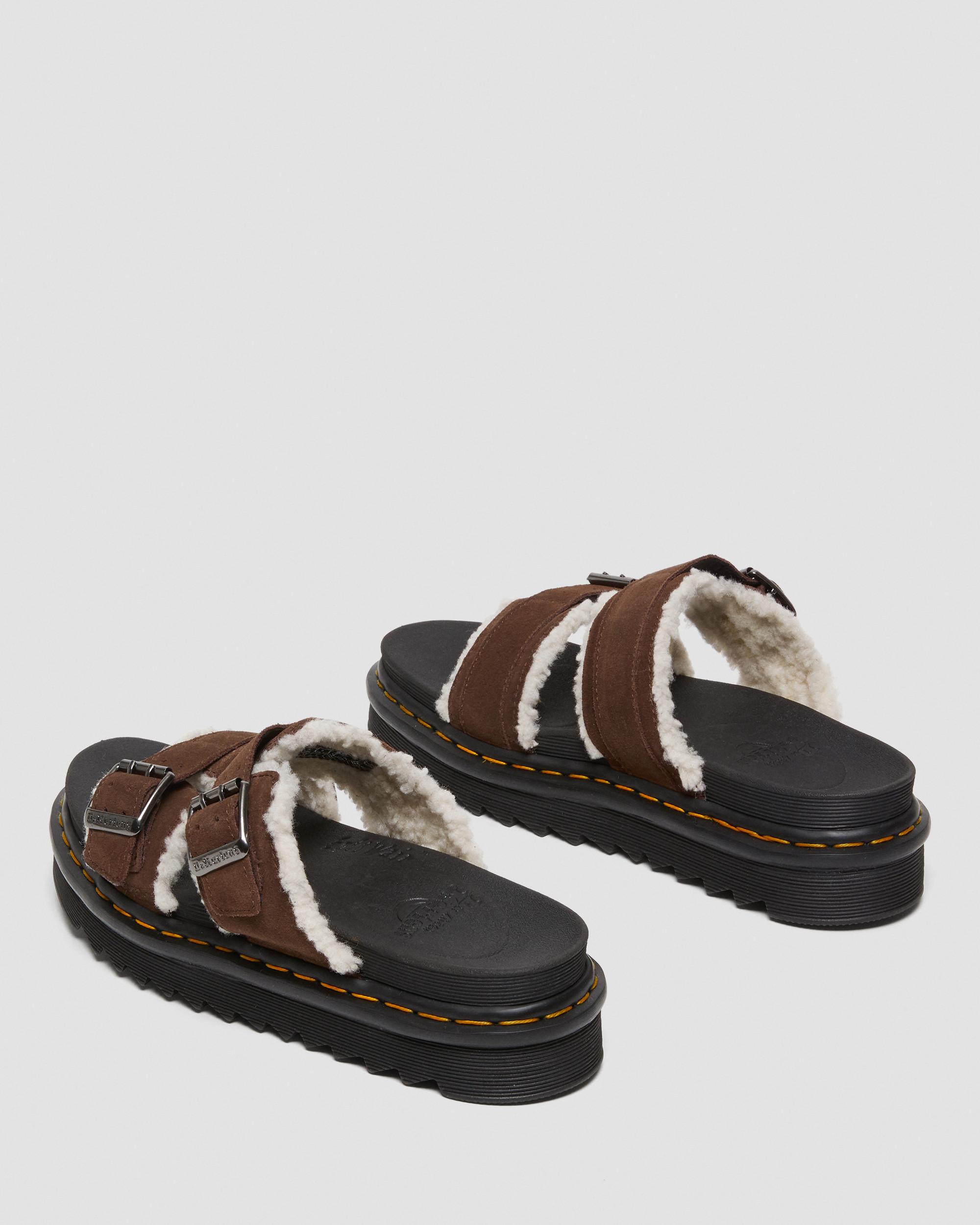 Myles Suede Fur-Lined Buckle Slide Sandals in DARK BROWN | Dr