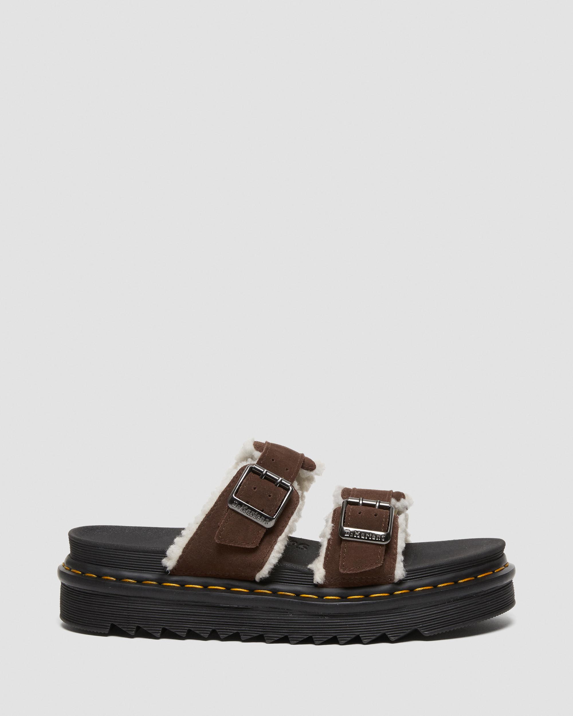 Myles Suede Fur-Lined Buckle Slide Sandals in DARK BROWN | Dr