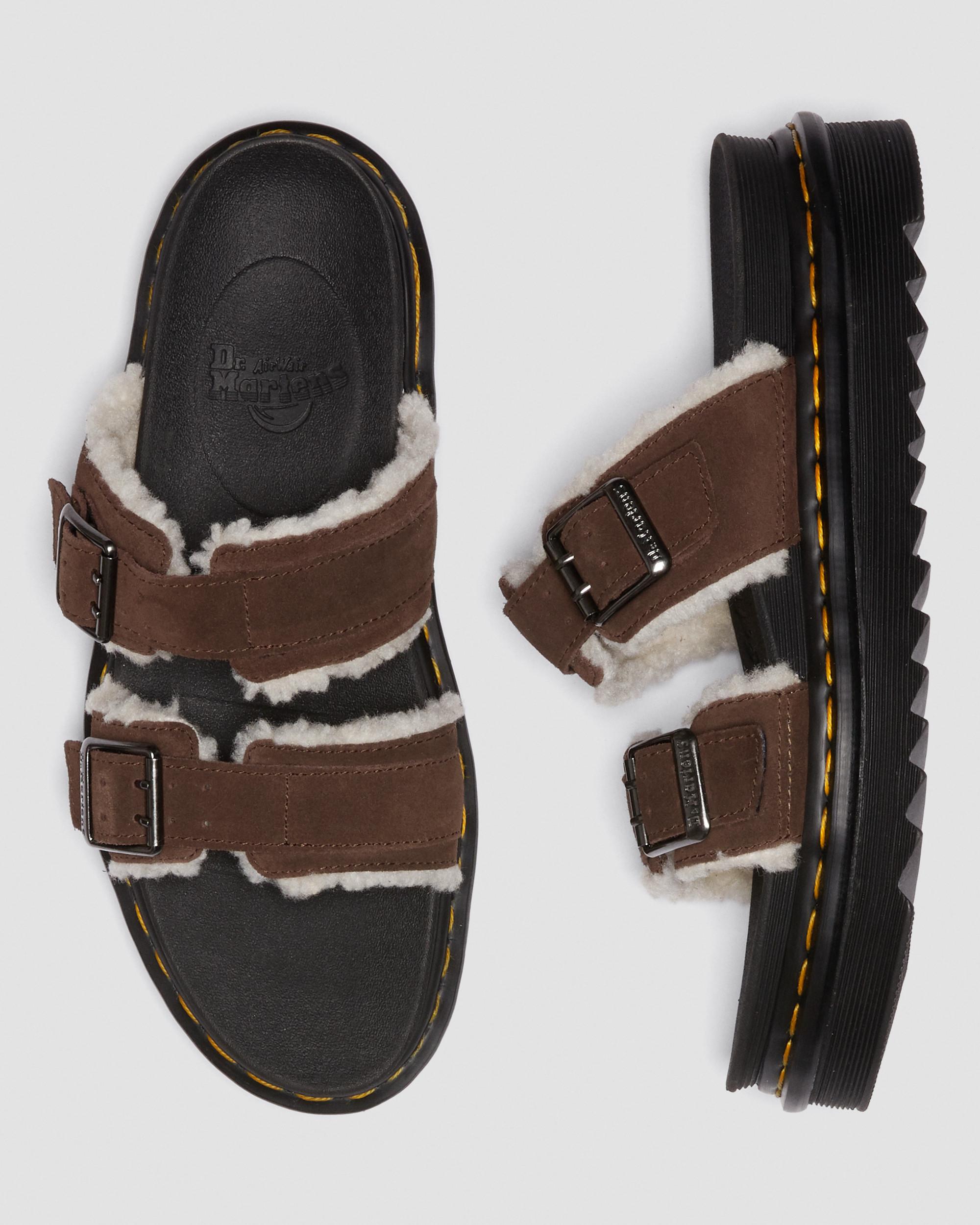 Myles Suede Fur-Lined Buckle Slide Sandals in Dark Brown | Dr. Martens