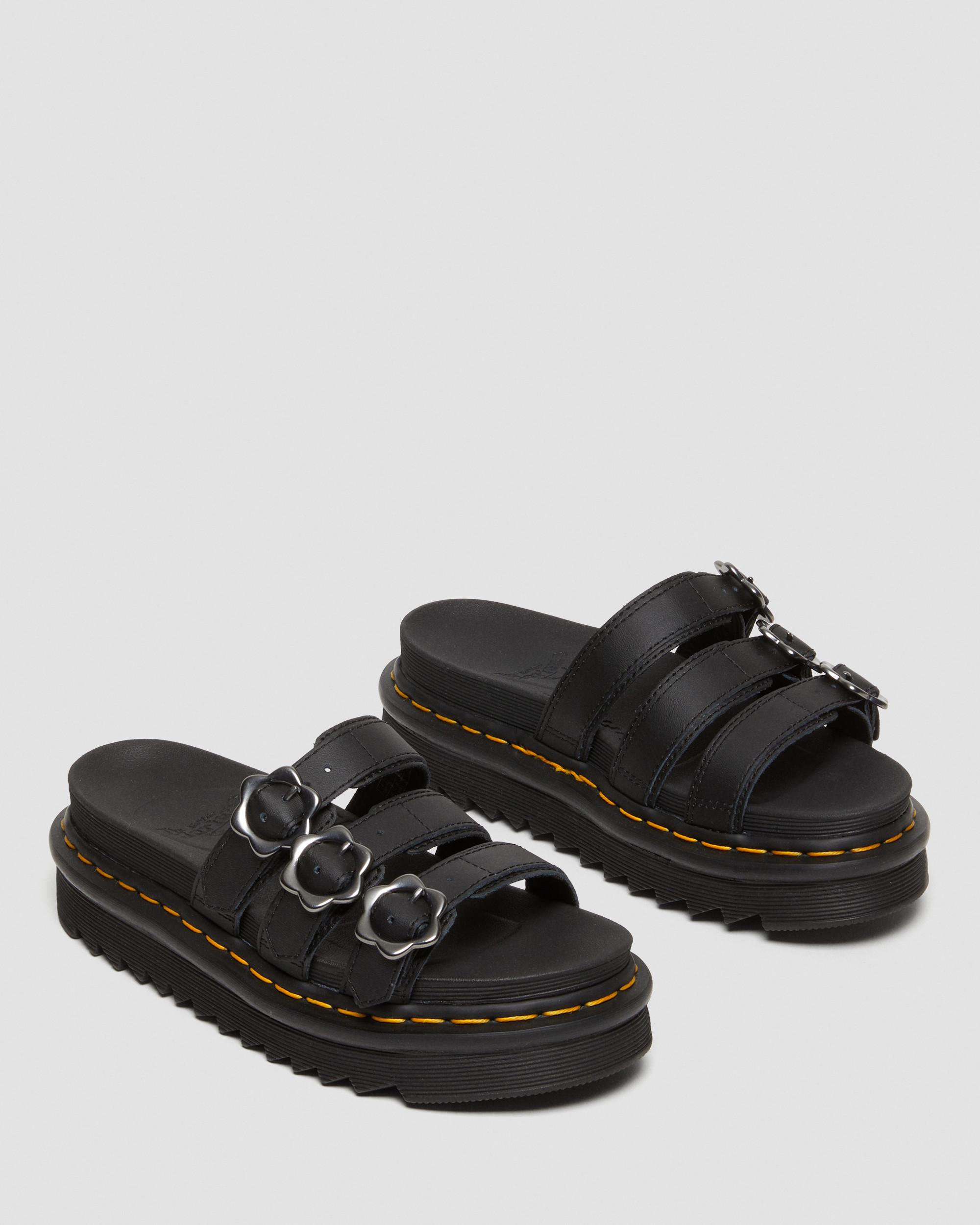 Blaire Flower Buckle Leather Slide Sandals in BLACK | Dr. Martens™