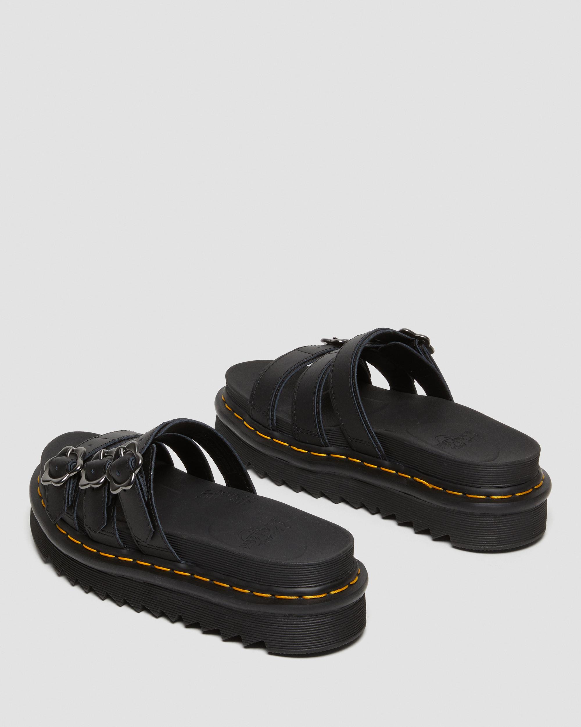 Blaire Flower Buckle Leather Slide Sandals in BLACK | Dr. Martens™